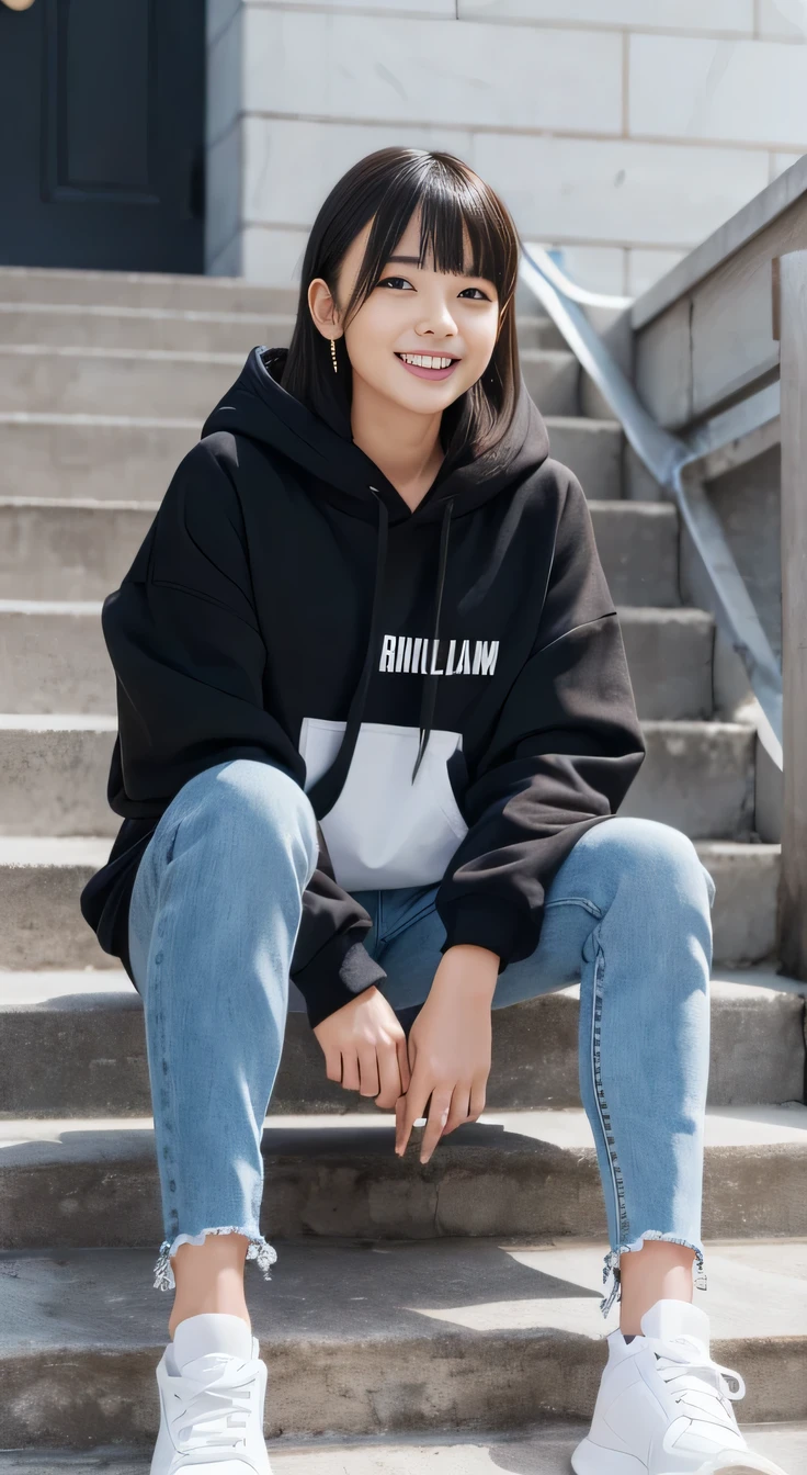highest quality, Realistic, Very detailed, Finer details, High resolution, 8k wallpaper, One beautiful woman,Sit on the stairs、（Wear black socks）smile、（Beautiful teeth alignment、）（Gums are visible） Oversized hoodie, Skinny jeans,（ Black sneakers）、Black Hair、 Beautiful Bangs、ear piercing、Perfect dynamic composition, Beautiful and detailed, Full Body Shot, A big smile

