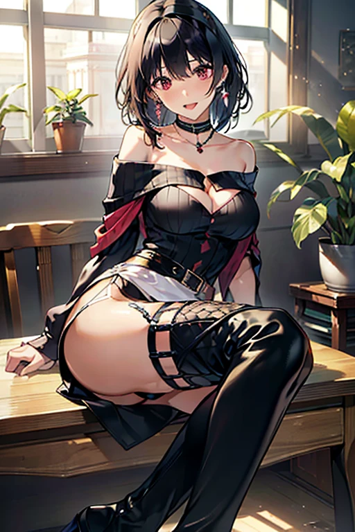 masterpiece, yor, 1girl, Amazing Cleavage:1.3, thin waist, big ass, Raised sexy, medium breast: 1.3 posed cleavage:1.2、solo, looking at viewer, open mouth, have a cup of coffee,black hair, red eyes, dress, bare shoulders, jewelry, collarbone, sidelocks, hairband, earrings, indoors, off shoulder, :o, sweater, arms behind back, plant, short hair with long locks, white hairband, off-shoulder dress, sweater dress, off-shoulder sweater, red sweater, big side hair, very long side hair,is rendered in (masterpiece: 1.2, best quality), with (ultra high resolution) and an exquisite (depth of field). This masterpiece is not only visually stunning but also tells, make of cooking some cakes ,in the kitchen,open mouth smile((leather thigh high boots))(garter belt),((black hair)),blush、surprised face,