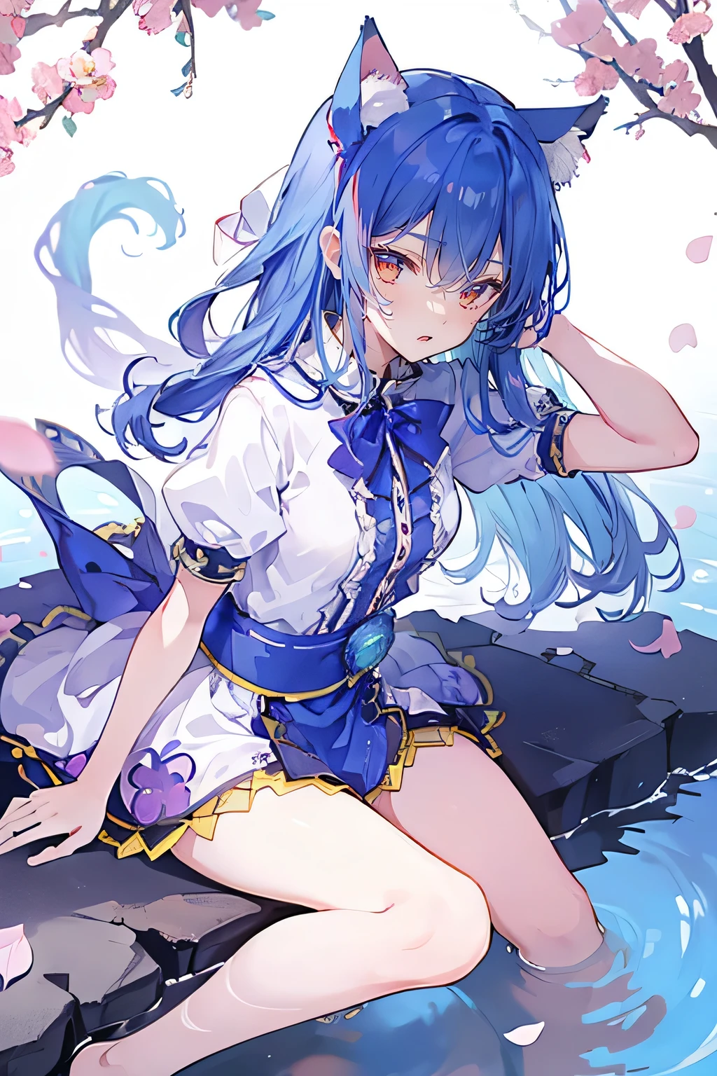 (masterpiece:1.2),ultra-detailed,realistic,expressive eyes,fair-skinned,perfectly shaped face,1girl,
Japanese cartoons,Gorgeous blue hair, flowing blue hair,floating clothes,cat ears,petals falling,beautiful Lola,Hina Angel,
hands on waist,gracefully sitting on the ground,legs crossed,gentle and serene background,cool and comfortable pavilion,smile.