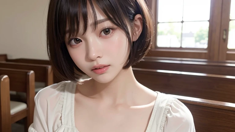 (Bob Cut Hair:1.2),(Wearing a blouse:1.2),1 girl,Japanese,28 years old,(Small breasts:1.3),(highest quality,masterpiece:1.3,超A high resolution,),(Ultra-detailed,Caustics),(Photorealistic:1.4,RAW shooting,)Ultra-Realistic Capture,Very detailed,High resolution 16K human skin close-up。 Natural skin texture、,Pores、、It needs to be detailed enough to be easily identifiable。 Skin should be even-toned and healthy looking。 Use natural light and colour, Sad expression, Looking at the camera, Perfect dynamic composition, Inside the church