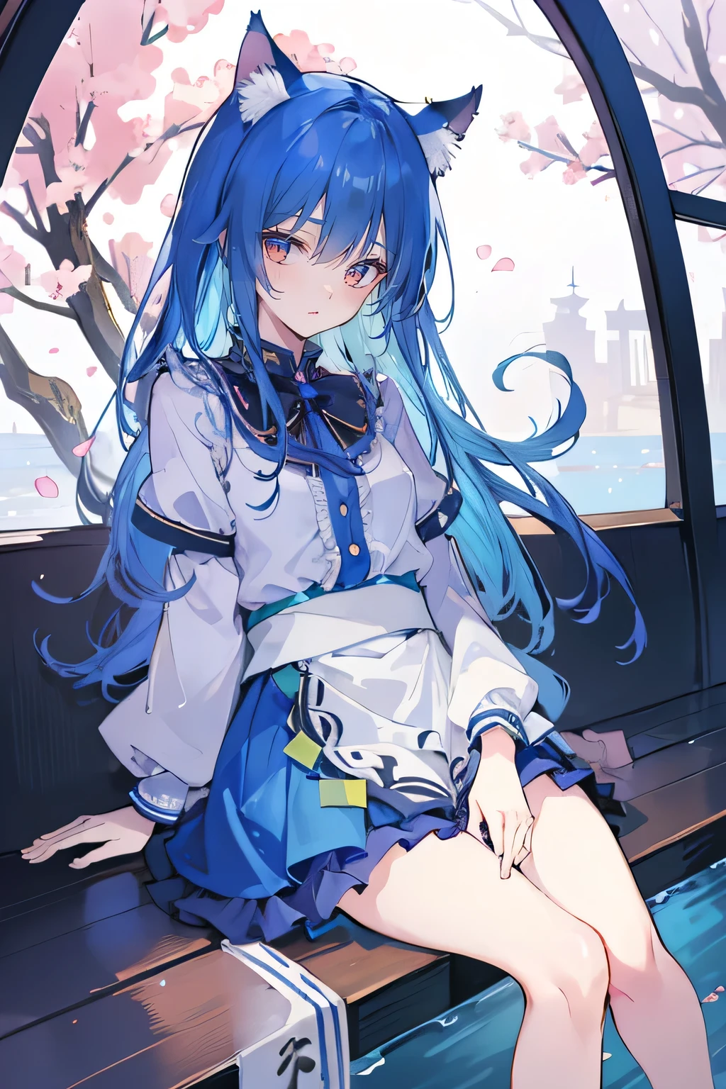 (masterpiece:1.2),ultra-detailed,realistic,expressive eyes,fair-skinned,perfectly shaped face,1girl,
Japanese cartoons,Gorgeous blue hair, flowing blue hair,floating clothes,cat ears,petals falling,beautiful Lola,Hina Angel,
hands on waist,gracefully sitting on the ground,legs crossed,gentle and serene background,cool and comfortable pavilion,smile.