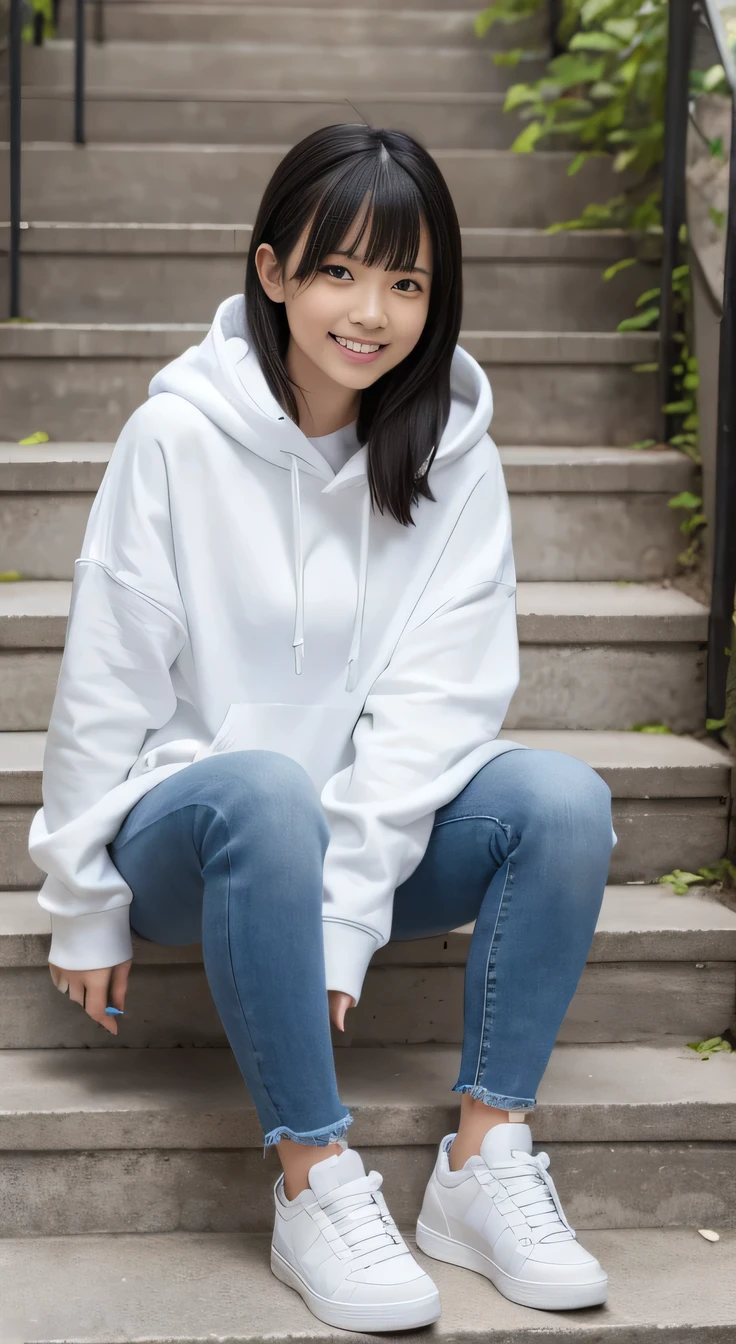 highest quality, Realistic, Very detailed, Finer details, High resolution, 8k wallpaper, One beautiful woman,Sit on the stairs、(Putting on socks)smile、(Beautiful teeth alignment、)(Gums are visible) Oversized hoodie, Skinny jeans, White sneakers、Black Hair、 Beautiful Bangs、ear piercing、、Perfect dynamic composition, Beautiful and detailed, Full Body Shot, A big smile