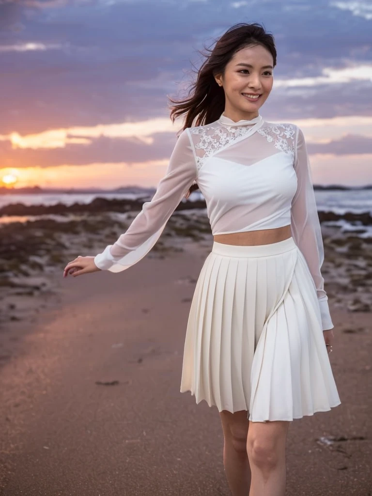 ((Top Quality)), ((8K)), ((Masterpiece: 1.3)), (Perfect Appearance), (Photorealism: 1.6), (Japanese woman walking on the beach with the sunset in the background: 1.4), (sandy beach at sunset), (The sea dyed red by the sunset), (The setting sun is dazzling), (Backlit), (Mont Saint Michel can be seen in the background: 1.2), japanese woman, (48 years old), ((Standing upright, facing forward, center of screen)), ((Realistic skin texture)), (Fine wrinkles throughout the skin: 1.3), (Dull skin: 1.1), (Skin without moisture: 1.2) , (Wrinkles on the face: 0.9), (Wrinkles on the corners of the eyes: 1.2), Double eyelids, tear bags on the lower eyelids, (Crying moles: 0.9), The eyes are looking here, serious gaze, (Dimples: 1.2), smile with the corners of the mouth raised wide, straight medium length, hair fluttering in the wind, soft fabric blouse, (transparent white blouse: 1.3), (Plump and glamorous body), (wide sleeves), (Cuffs that fit your wrist), (The hem of the blouse is tucked into the skirt: 1.2), (pleated long skirt: 1.2), (Bare feet wet with seawater), (whole body: 1.3),
