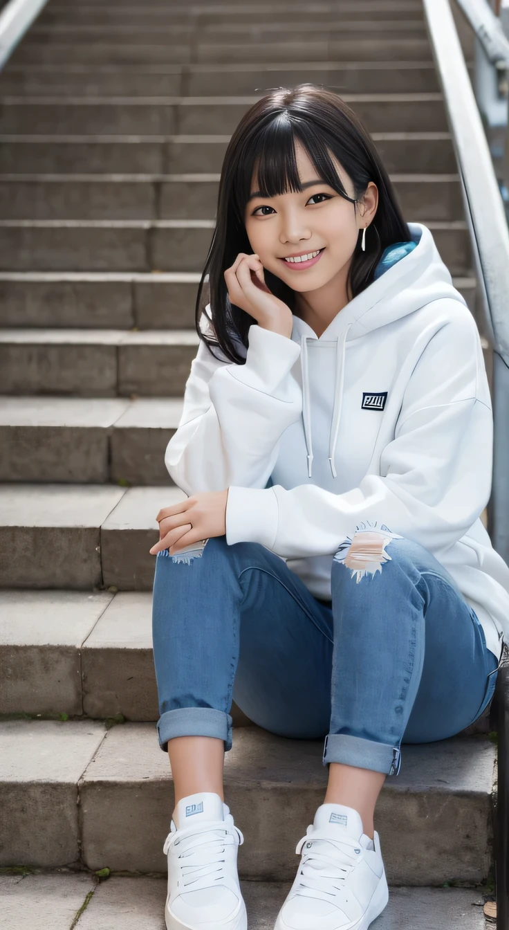 highest quality, Realistic, Very detailed, Finer details, High resolution, 8k wallpaper, One beautiful woman,Sit on the stairs、（Putting on socks）smile、（Beautiful teeth alignment、）（Gums are visible） Oversized hoodie, Skinny jeans, White sneakers、Black Hair、 Beautiful Bangs、ear piercing、、Perfect dynamic composition, Beautiful and detailed, Full Body Shot, A big smile
