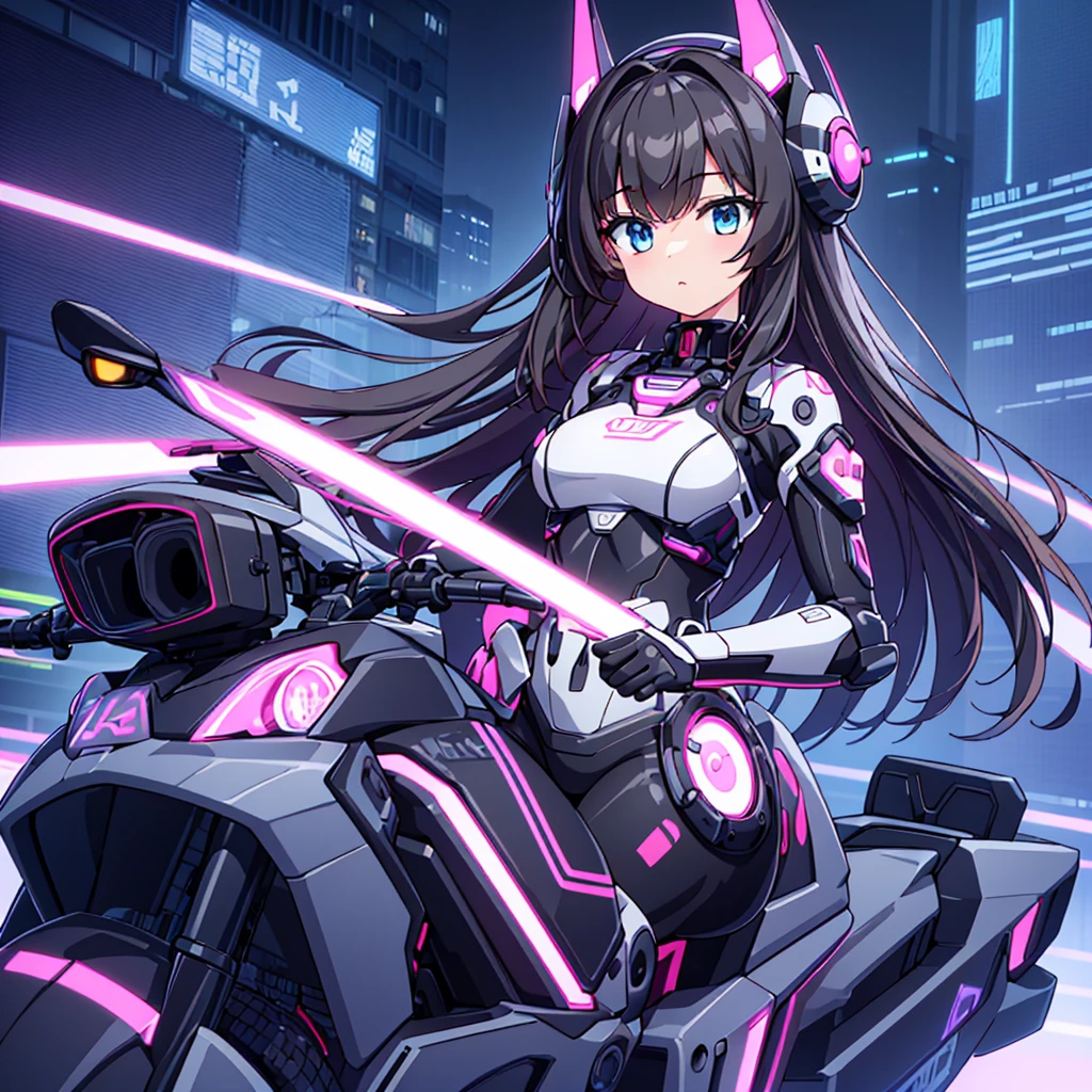 1female, solo, long dark silver hair, purple latex bodysuit, yellow highlights on bodysuit, sitting on motorcycle, sci fi city background, night time, cloudy night, bright lit signs in background, magenta lights in background, thigh high heel boots, (realistic:1.2), (realism), (masterpiece:1.2), (best quality), (ultra detailed), (8k, 4k, intricate),(full-body-shot:1), (85mm),light particles, lighting, (highly detailed:1.2),(detailed face:1.2), (gradients), colorful,(detailed eyes:1.2)(detailed background),detailed landscape, (dynamic angle:1.2), (dynamic pose:1.2),  