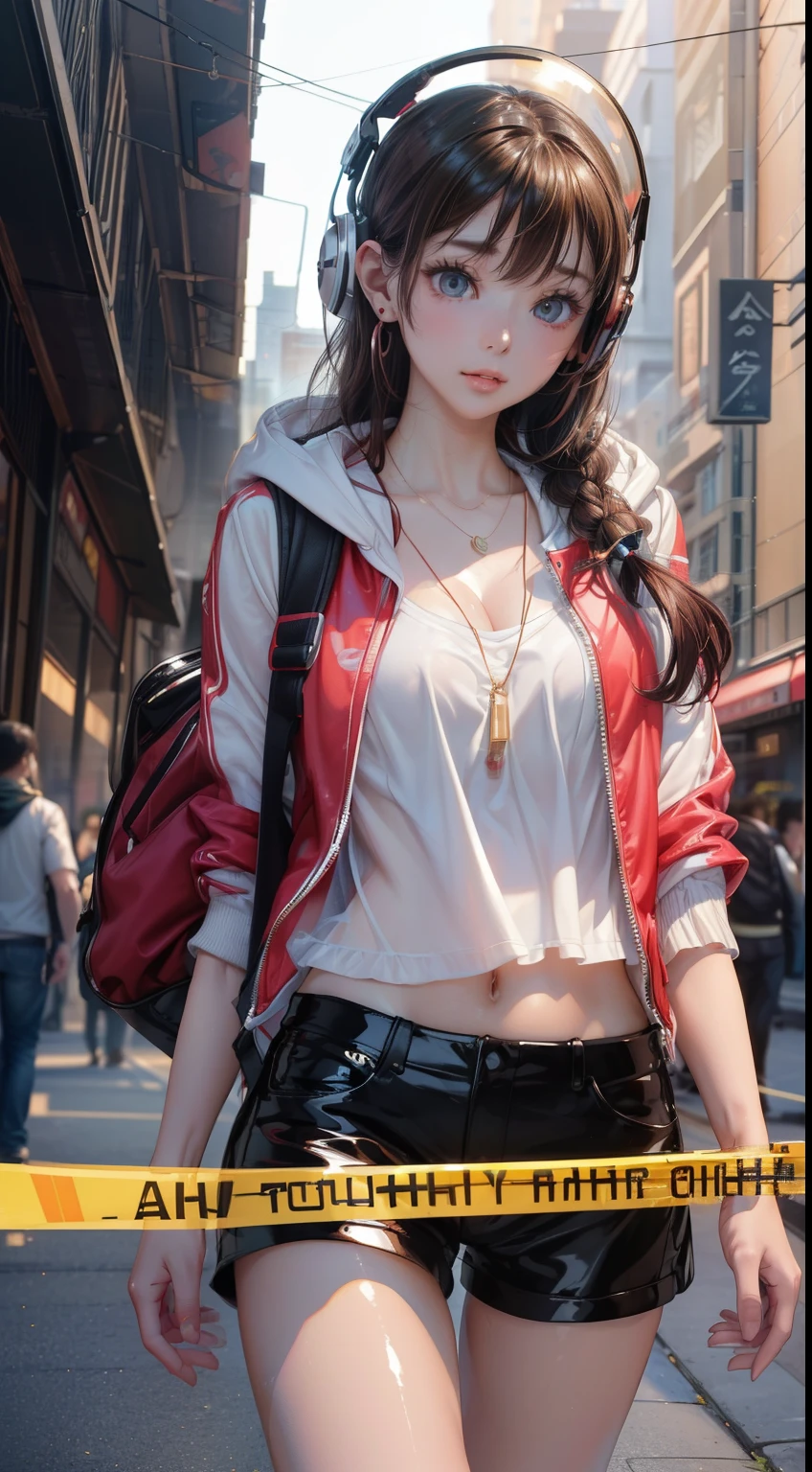 (((highest quality, 8k,超A high resolution、Ultra-detailed))),One Girl,High school girls,Beautiful girl,Street fashion,((Hooded Neon Over Jacket,Shorts,Backpack))、((Wear large headphones on your neck))、(Light brown short hair,Colorful extended hair),Perfect body,skinny, Tie the waist,Beautiful Face, Acura, Anatomically correct, Very detailed顔と肌の質感, Large, detailed eyes, double eyelid, Thin eyebrows, Glitter Eyeliner: 1 Natural Cheeks, Glowing Skin, Fair skin: 1.2, (Glossy Lips: 1.4),Very detailed顔と肌の質感, Fine grain, double eyelid, Natural Cheeks, , Glossy Lips: 1.4,Simple necklace and earrings,Smiling and observing the audience,Walking around the city,【Not blurry,Professional Lighting,Professional effects pieces: 1.3), (Maximum resolution: 1.2), (Ultra HDTV: 1.2),Octanellender, Fujifilm X100, Intense cinematic shots, Depth of written boundaryが浅い, Volumetric lighting, Kintsugi,(8k、Raw photo、masterpiece:1.4)、(Realistic、Photorealistic:1.37)、Shot with CineStill 800T、(究極のhighest quality:1.3)、((Depth of written boundary:))、Absurd、(超A high resolution、Extremely detailed CG、High resolution、Realistic、Ultra-detailed、picture、超Realistic、Ultra-detailed、Cinematic atmosphere、8k UHD、Very detailed、trending at artstationh、Award-winning photo、Very detailed写真、High resolution:1.5)】No tags or text