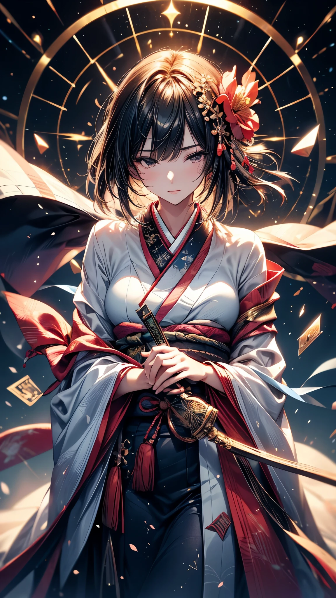  Ultra-delicate, Clear focus, (high resolution), Deformed depth of field blurred background, Detailed background, Perfect layer cutting, Atmospheric distance sense, artistic, (full-body shot/Cowboy shooting/Top view/Top view), 8K, wallpaper, Micro light, complicated, familiar, black magician, particle, constellation, Stardust, universe, ((flower)), comfortable peace, peaceful, Japan, Himiko, kimono, With crystal, Fortune Telling, time and space,