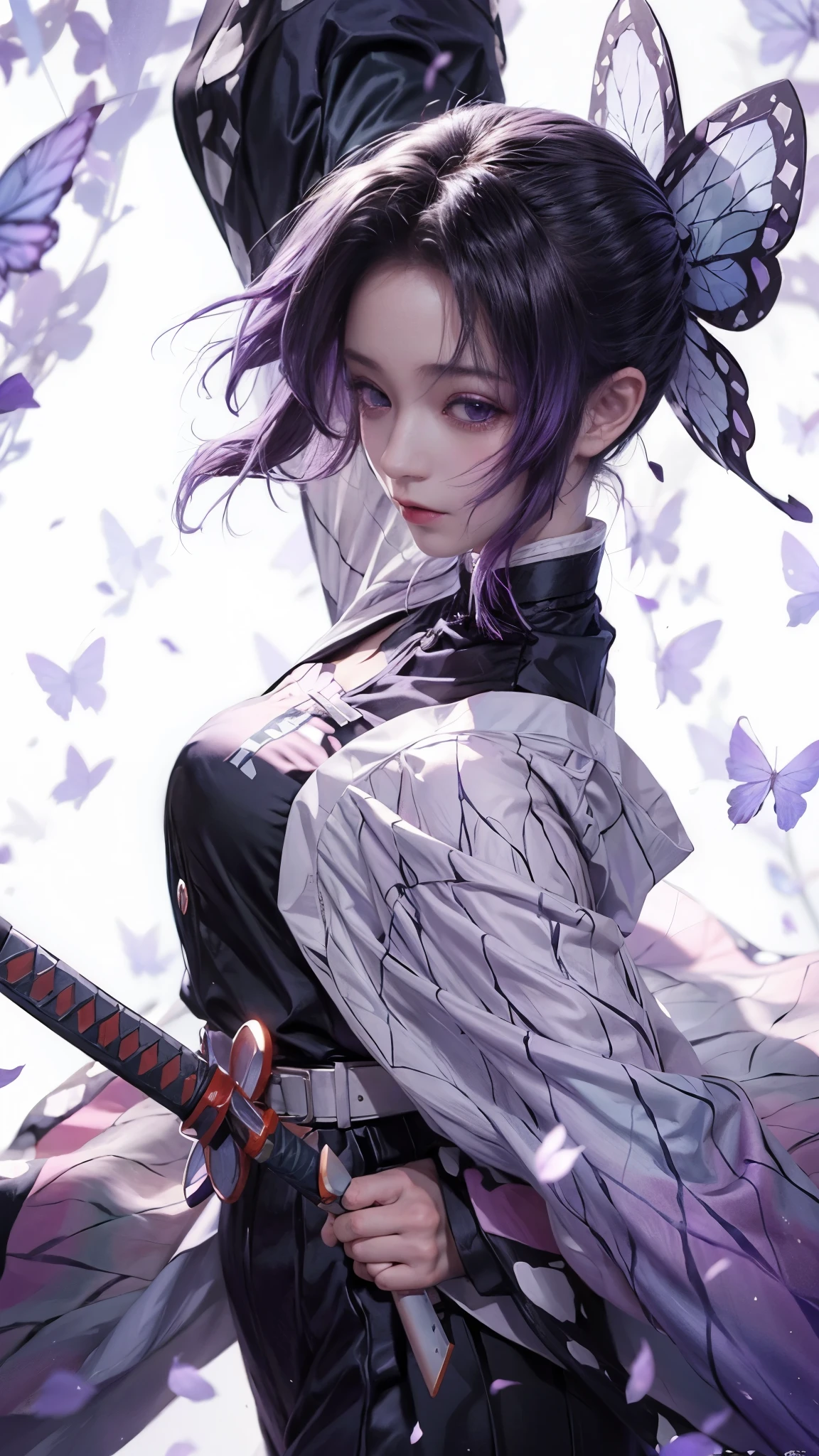 1girl shinobu, holding katana,purple hair, purple ayes,high res,hyper realistis, ultra detail