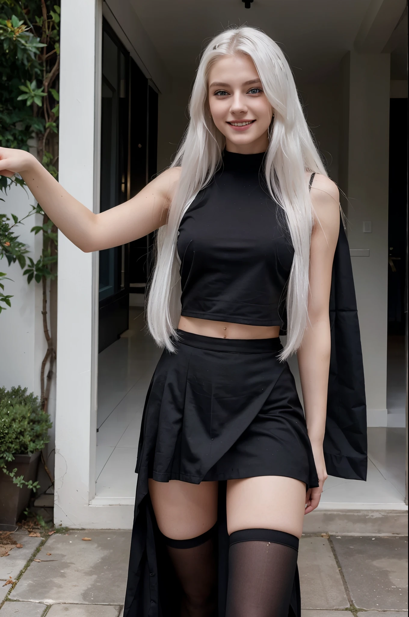 21-year-old woman, white skin, white hair, blue eyes, very smiling, long hair, model body, is in a flirtatious pose and wears black clothes and a black skirt to go shopping while leaving a luxurious house