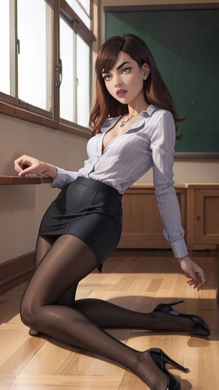 ulzzang-6500-v1.1, (RAW Photos:1.2), (Photorealistic), (Genuine:1.4), (Mastepiece), masterpiece, Absurd, The finer details, High resolution, Highly detailed face and eyes, Photorealistic,  Textured skin, Anatomically correct, sharp, (((Full body photo))), (Shooting from the side), Alone in the classroom, (walking), ((Japanese Mature, 42 years old)), Black Hair, Semi-long hair, Shapely small breasts, (Looking at the camera), Serious expression, (Business look), ((teacher)), (Ultra-realistic pantyhose:1.3), Grey ribbed V-neck、Long sleeve, Formal tight skirt, pumps, necklace، Lying down