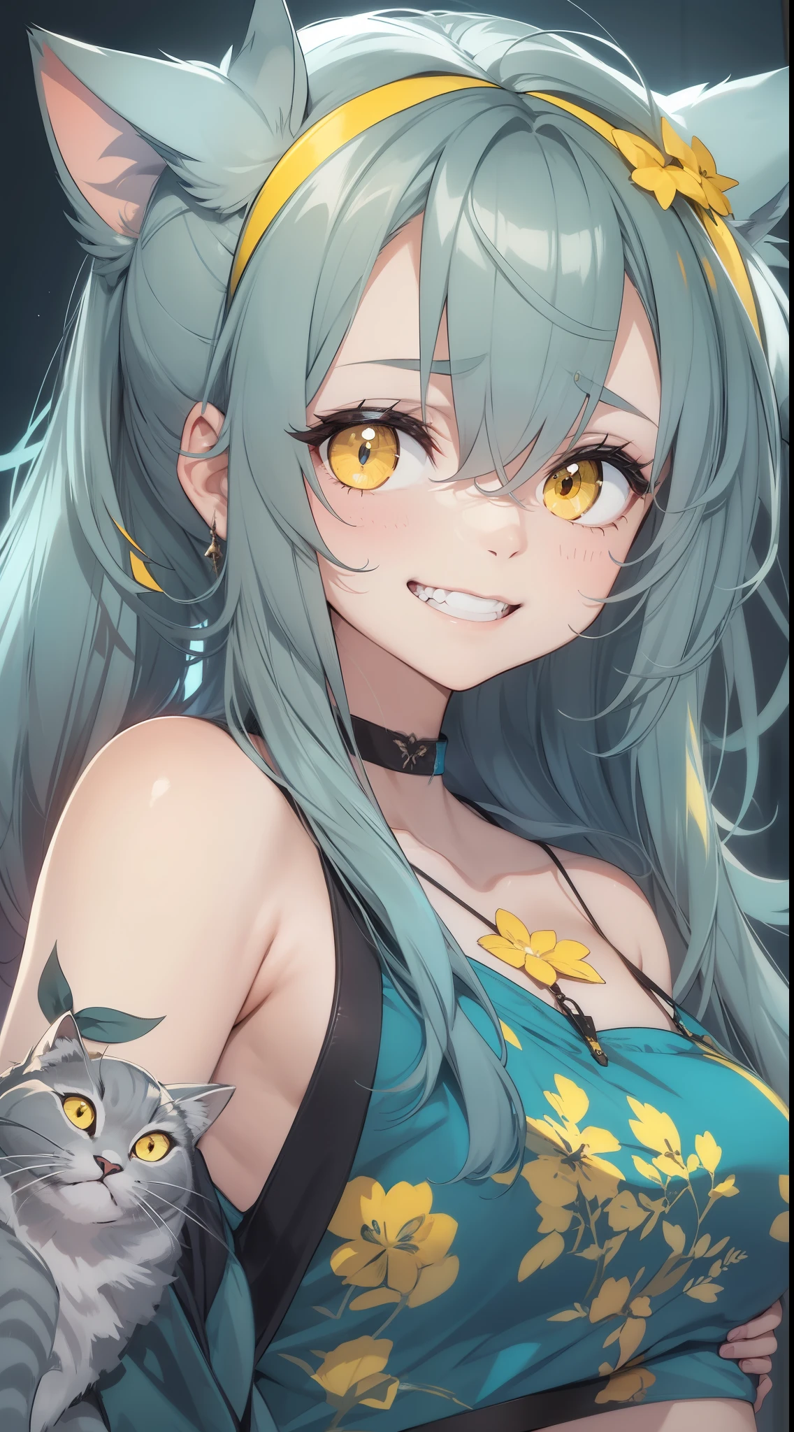 young girl, long gray hair, cat ears, Yellow eyes, Smile, tattoo, Tight blue fantasy shirt, open belly, Blue Fantasy Shorts, Masterpiece, hiquality, 4k, HD, Good detail