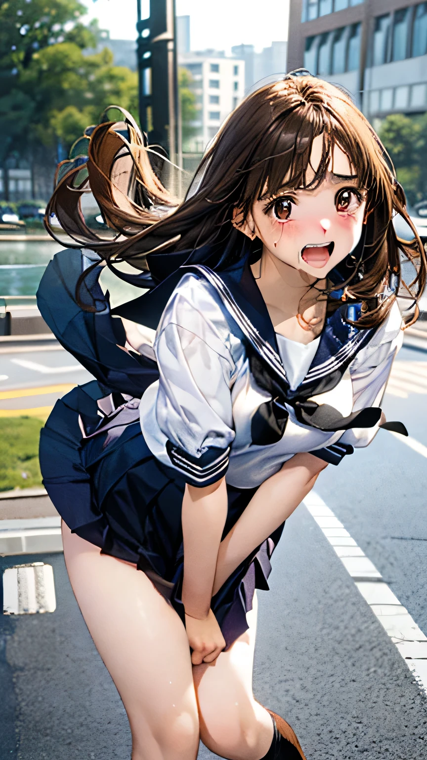 (masterpiece:1.2, highest quality), (Realistic, photoRealistic:1.4), Beautiful illustrations, (Natural Side Lighting, Cinema Lighting), , Rear view、
(View your viewers), 1 girl, Japanese, high school girl, Perfect Face, Cute and symmetrical face, Shiny skin, ,
(Long Hair:1.5, Hair dancing in the wind:1.4, Brown Hair), Pin your bangs back, Red eyes, Long Eyelashes, (Large Breasts:1.3, Thick thighs),
Beautiful Hair, Beautiful Face, Beautiful fine details, Beautiful clavicle, Beautiful body, Beautiful breasts, Beautiful thighs, Beautiful feet,
((Detailed cloth texture, Cute short-sleeved sailor uniform, Pleated skirt, Sailor collar, Sailor scarf, socks, Brown Loafers)), ((Embarrassing, Scared, sad, cry, Open your mouth)), Are standing, (((Leaning forward),
(Beautiful views), Daytime, River side, (Look forward), (((Pulling on skirt, Wind lift))),