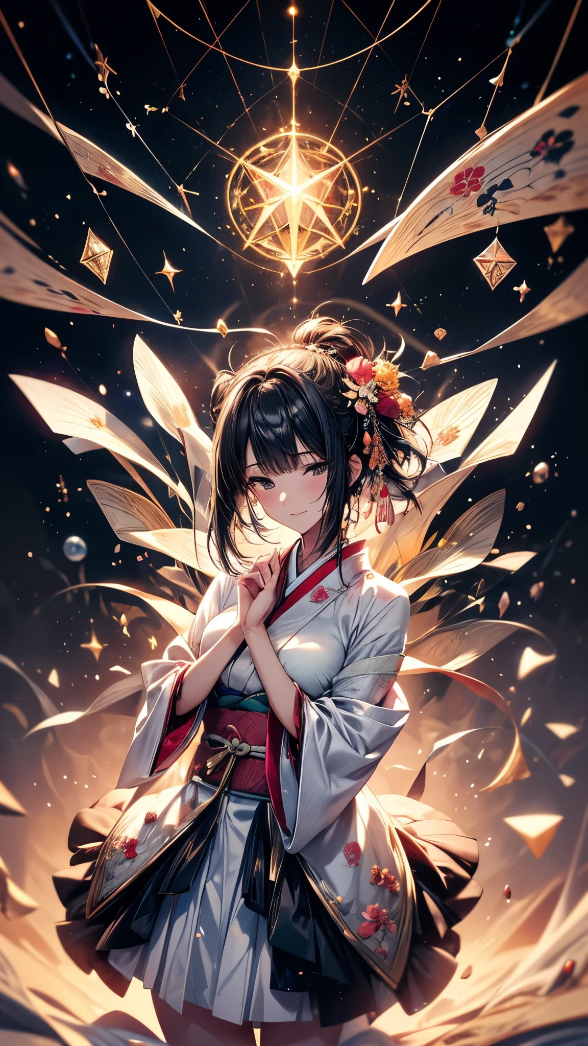 Ultra-delicate, Clear focus, (high resolution), Deformed depth of field blurred background, Detailed background, Perfect layer cutting, Atmospheric distance sense, artistic, (full-body shot/Cowboy shooting/Top view/Top view), 8K, wallpaper, Micro light, complicated, familiar, black magician, particle, constellation, Stardust, universe, ((flower)), comfortable peace, peaceful, Japan, Himiko, kimono, With crystal, Fortune Telling, time and space,