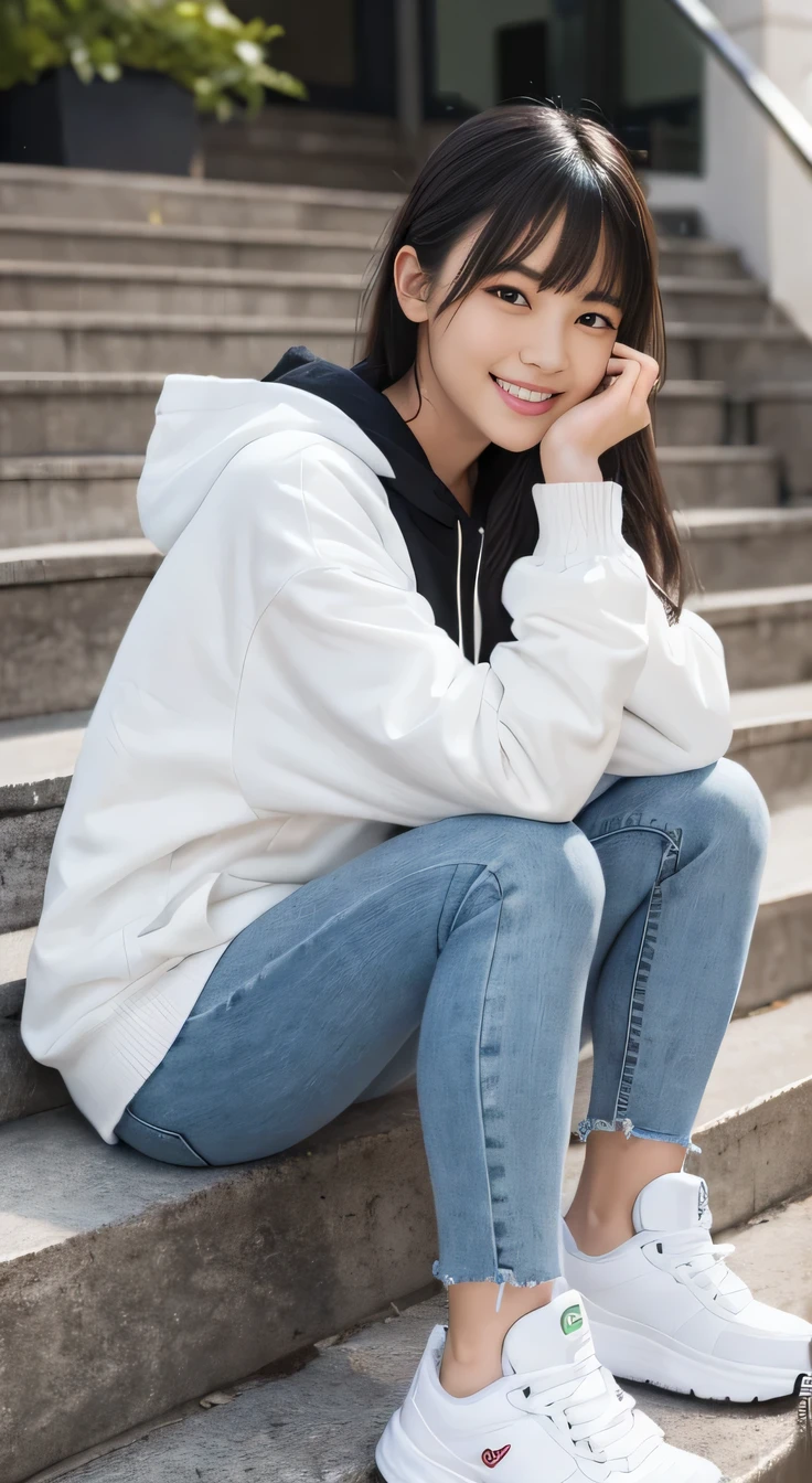 highest quality, Realistic, Very detailed, Finer details, High resolution, 8k wallpaper, One beautiful woman,Sit on the stairs、(Putting on socks)smile、(Beautiful teeth alignment、)(Gums are visible) Oversized hoodie, Skinny jeans, White sneakers、Black Hair、 Beautiful Bangs、ear piercing、、Perfect dynamic composition, Beautiful and detailed, Full Body Shot, A big smile