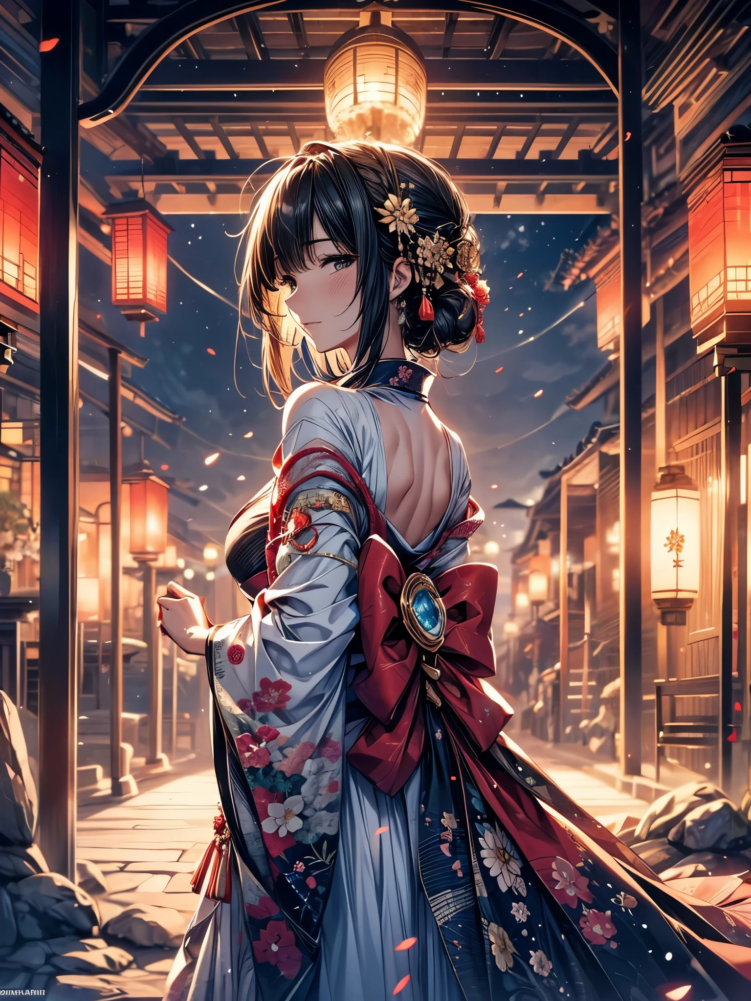 Ultra-delicate, Clear focus, (high resolution), Deformed depth of field blurred background, Detailed background, Perfect layer cutting, Atmospheric distance sense, artistic, (full-body shot/Cowboy shooting/Rear view/Top view/Top view), 8K, wallpaper, Micro light, complicated, familiar, black magician, particle, constellation, Stardust, universe, ((flower)), comfortable peace, peaceful, Japan, Himiko, kimono, With crystal, Fortune Telling, time and space,