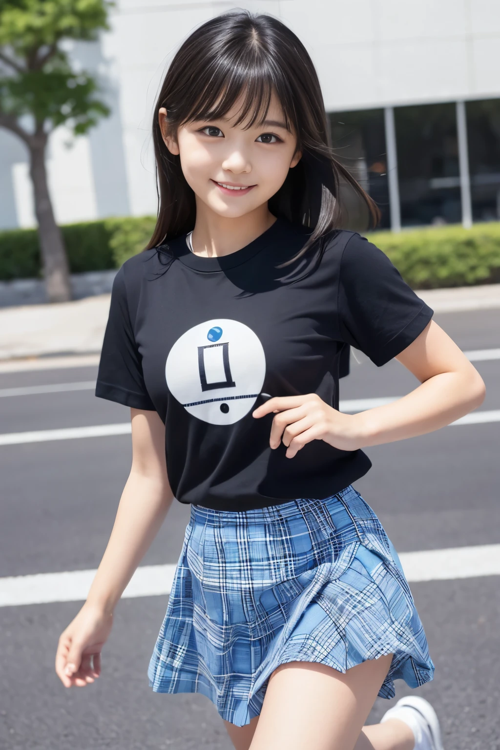 8k,masterpiece,Japanese,9--old l,From the front and above,smile,cute,Innocent,Kind eyes,Childish,Plain T-shirt,Short sleeve,Blue checked short skirt,semi-long,Hair blowing in the wind,Black Hair,Somewhat strong wind,noon,bright