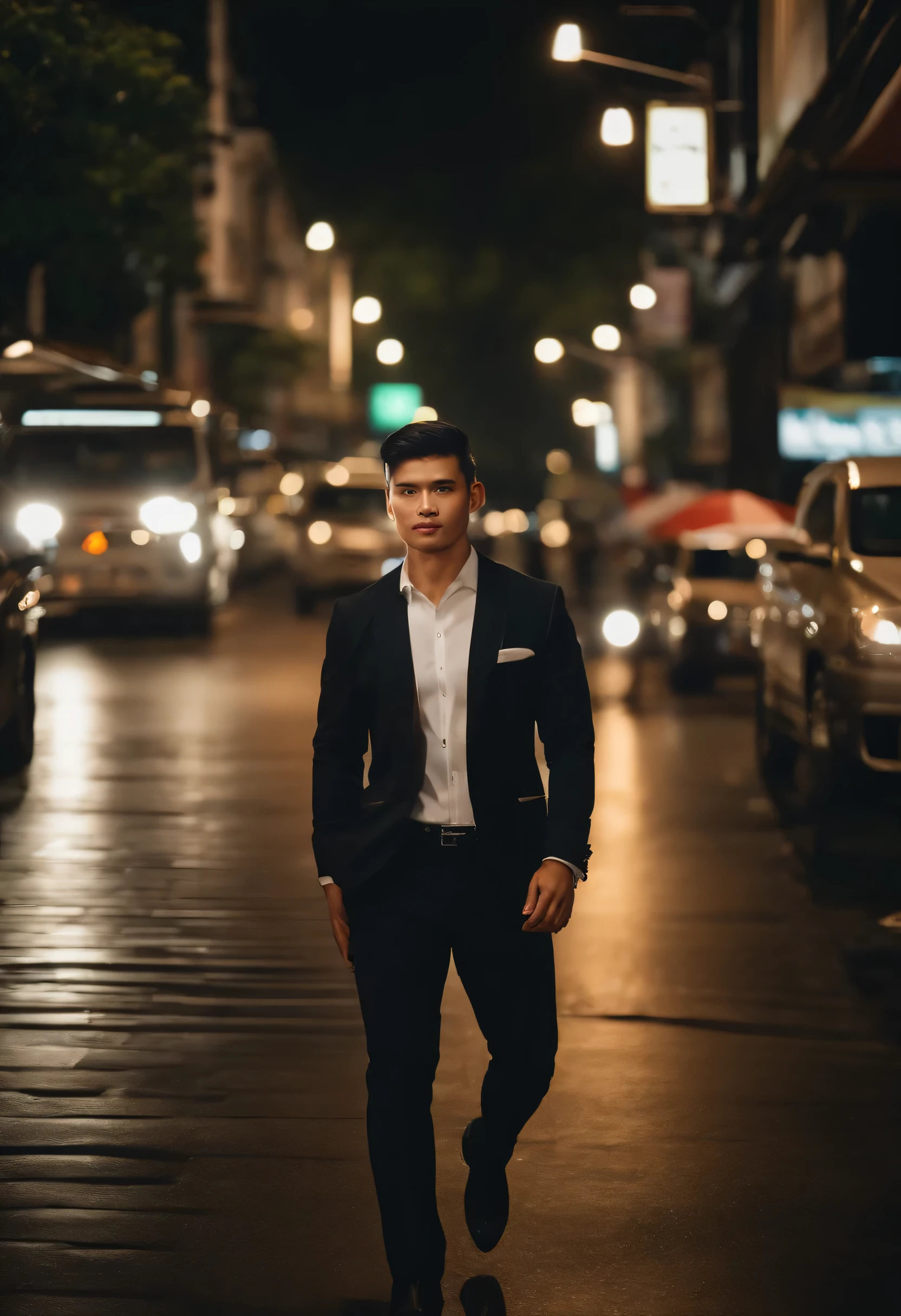(Handsome men: 1.4), Engineer, Short black hair, Delicate face, Fair skin, formal outfit, ((On the Bangkok street at night: 1.4)), Night, Deserted, nobody, 8 kg HD image, Masterpiece-level high-quality images, ryokan, Greet with a smile