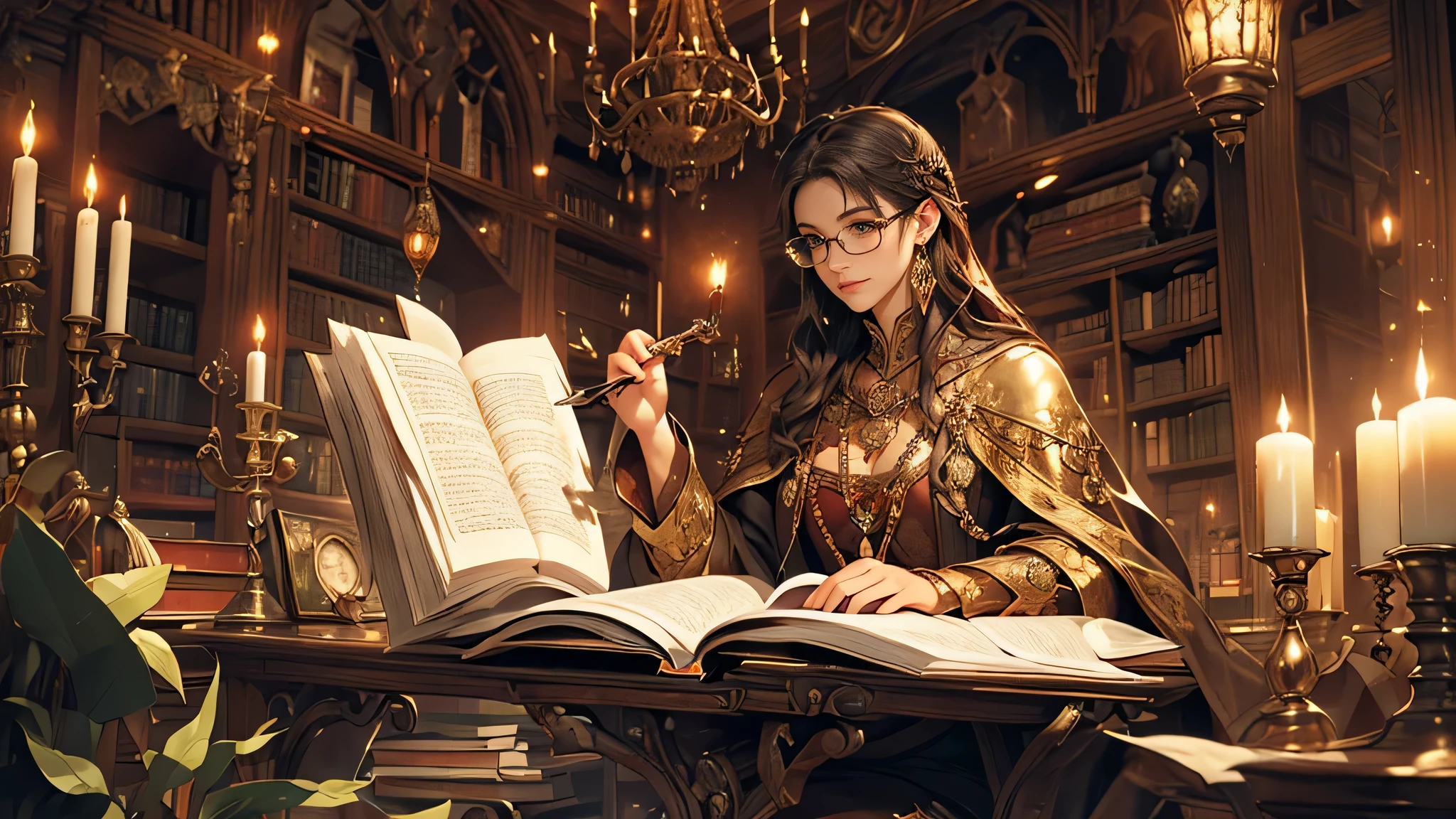 (high quality,ultra-detailed,realistic,photorealistic:1.37),dark-haired woman,beautiful detailed eyes,reading,ancient file,library,black and white curtains,Medieval fantasy theme,soft lighting,leather-bound books,mysterious atmosphere,charmingly lit candles,antique wooden bookshelves,parchment paper,brown manuscript ink,aged quill pen,mystical ambiance,dimly lit chandeliers,vintage reading glasses,magical artifacts,enchanted tome,whispered secrets,dust particles floating in the air,authentic antique furniture,vibrant stained glass windows,exquisite ironwork,elaborate tapestries of knights and dragons,ornate ceiling frescoes,golden candle holders,fragrant incense,labyrinth-like book aisles,sacred symbols and sigils,glimmering candlelight,enchanted spellbooks,echoes of ancient knowledge,captivating story unfolding,powerful mystic aura,ethereal tranquility,magical whispers of forgotten spells,secretive corners of wisdom,enchanted journey through time and imagination