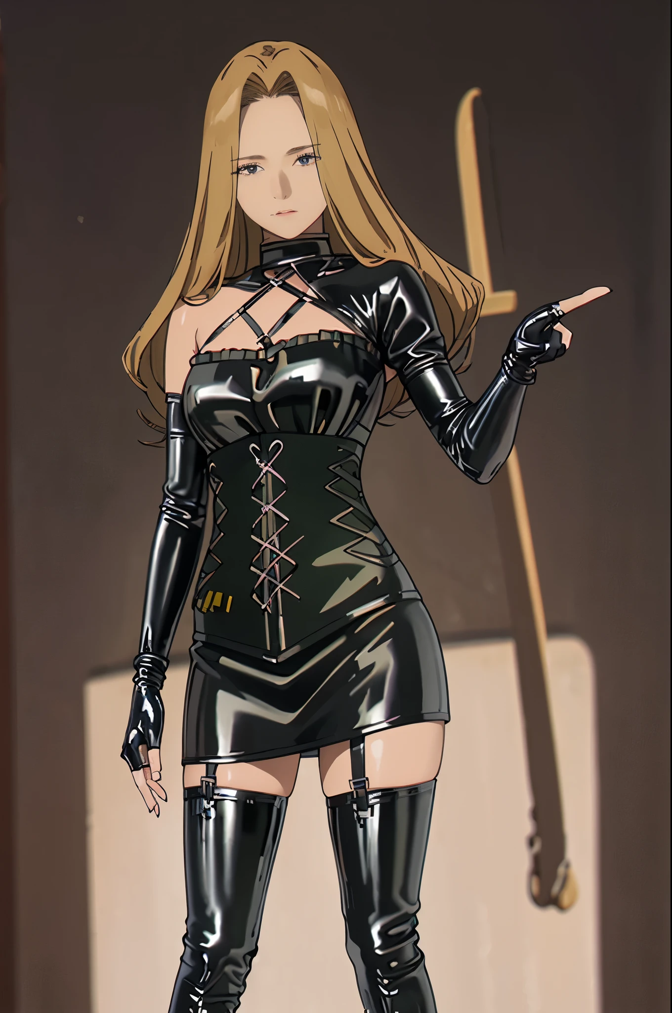 BDSM、Queen、mistress、One girl、solo、(((Long gloves covered to the fingertips in black latex:1.4 )))、(((Black latex corset dress:1.4)))、(((The corset dress is decorated with beautiful lace.)))、(((corset dress with shoulder straps)))、(((Black latex tight mini skirt:1.4)))、(((Black Thigh Boots)))、Stiletto heels、(((Black latex panties)))、(((Black latex bra)))、(((Black leather collar)))、(((Sexy pose)))、Wide-open legs、(((Erotic)))、(((Cowboy Shot)))、(Safety:1.10), highest quality, masterpiece, High resolution, alone, Portraiture, Anatomically perfect body、Anatomically perfect limbs、Perfect 4 fingers and 1 thumb、View your viewers, anime_style, Long hair with light brown hair、Center-parted bangs、Adult women、Expressionless、cold gaze