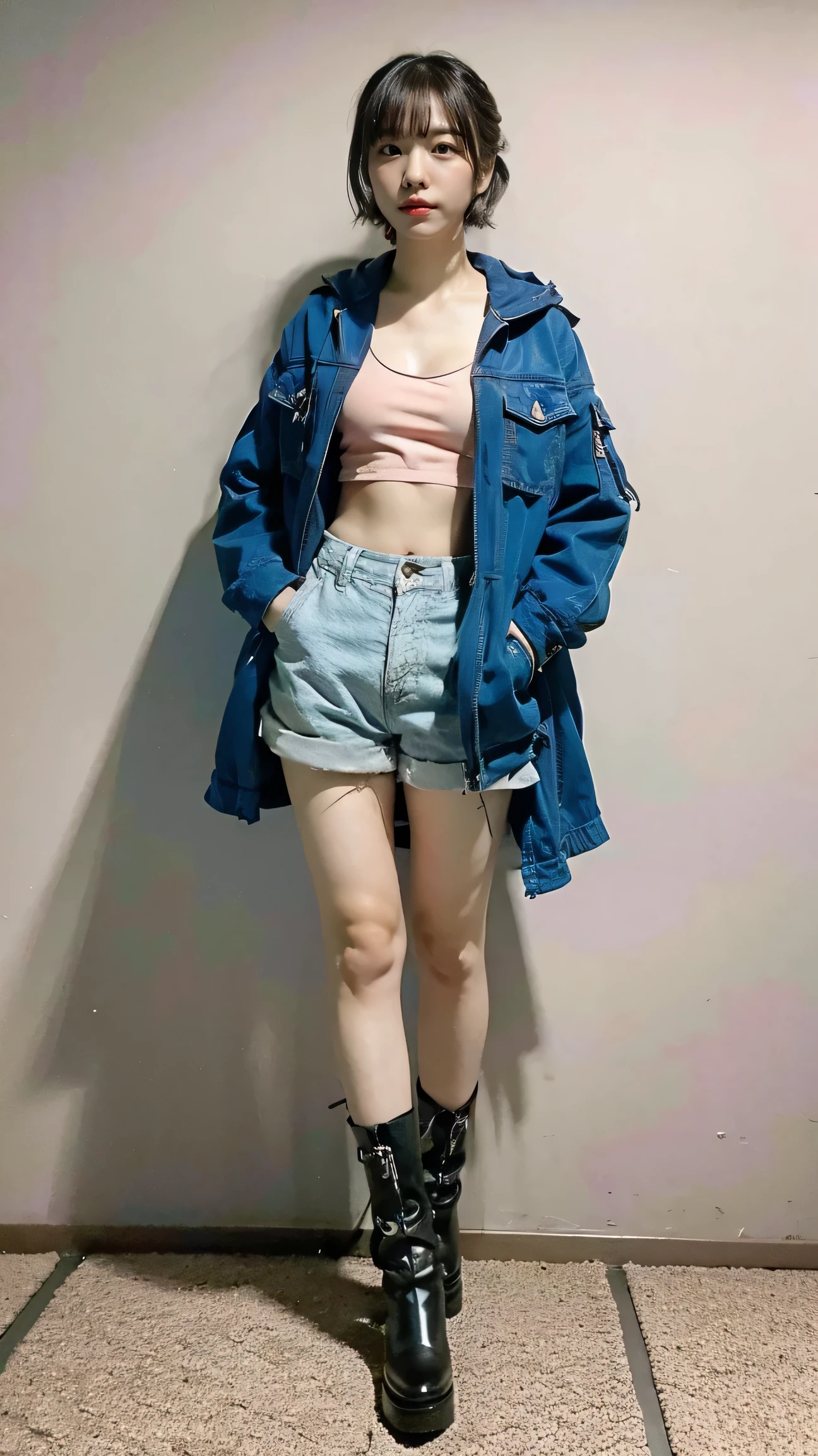 (8k、RAW Photos、highest quality、masterpiece:1.2)、(Realistic、Realistic)、1 girl、((Blue jacket、See-through、Shorts、Big Breasts、boots、I can see your chest、View from the front、Stand with hands on hips、Outdoor))、