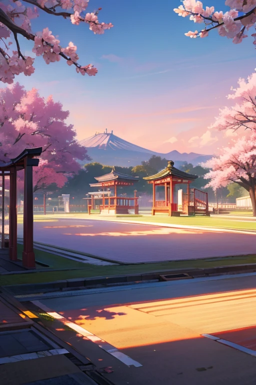 landscape, sakura, japan, sun, sunset, palace, playground
