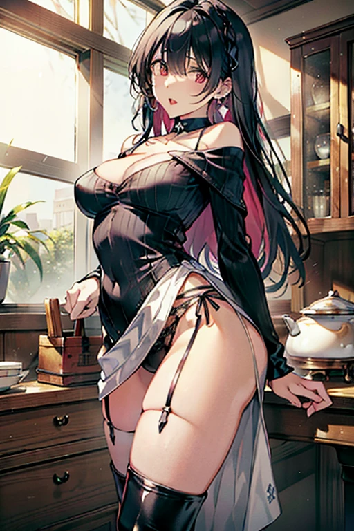 masterpiece, yor, 1girl, Amazing Cleavage:1.3, thin waist, big ass, Raised sexy, medium breast: 1.3 posed cleavage:1.2、solo, looking at viewer, open mouth, have a cup of coffee,black hair, red eyes, dress, bare shoulders, jewelry, collarbone, sidelocks, hairband, earrings, indoors, off shoulder, :o, sweater, arms behind back, plant, short hair with long locks, white hairband, off-shoulder dress, sweater dress, off-shoulder sweater, red sweater, big side hair, very long side hair,is rendered in (masterpiece: 1.2, best quality), with (ultra high resolution) and an exquisite (depth of field). This masterpiece is not only visually stunning but also tells, make of cooking some cakes ,in the kitchen,open mouth smile((leather thigh high boots))(garter belt),((black hair)),blush、surprised face,
