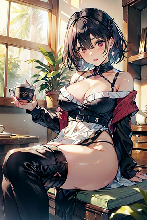 masterpiece, yor, 1girl, Amazing Cleavage:1.3, thin waist, big ass, Raised sexy, medium breast: 1.3 posed cleavage:1.2、solo, looking at viewer, open mouth, have a cup of coffee,black hair, red eyes, dress, bare shoulders, jewelry, collarbone, sidelocks, hairband, earrings, indoors, off shoulder, :o, sweater, arms behind back, plant, short hair with long locks, white hairband, off-shoulder dress, sweater dress, off-shoulder sweater, red sweater, big side hair, very long side hair,is rendered in (masterpiece: 1.2, best quality), with (ultra high resolution) and an exquisite (depth of field). This masterpiece is not only visually stunning but also tells, make of cooking some cakes ,in the kitchen,open mouth smile((leather thigh high boots))(garter belt),((black hair)),blush、surprised face,
