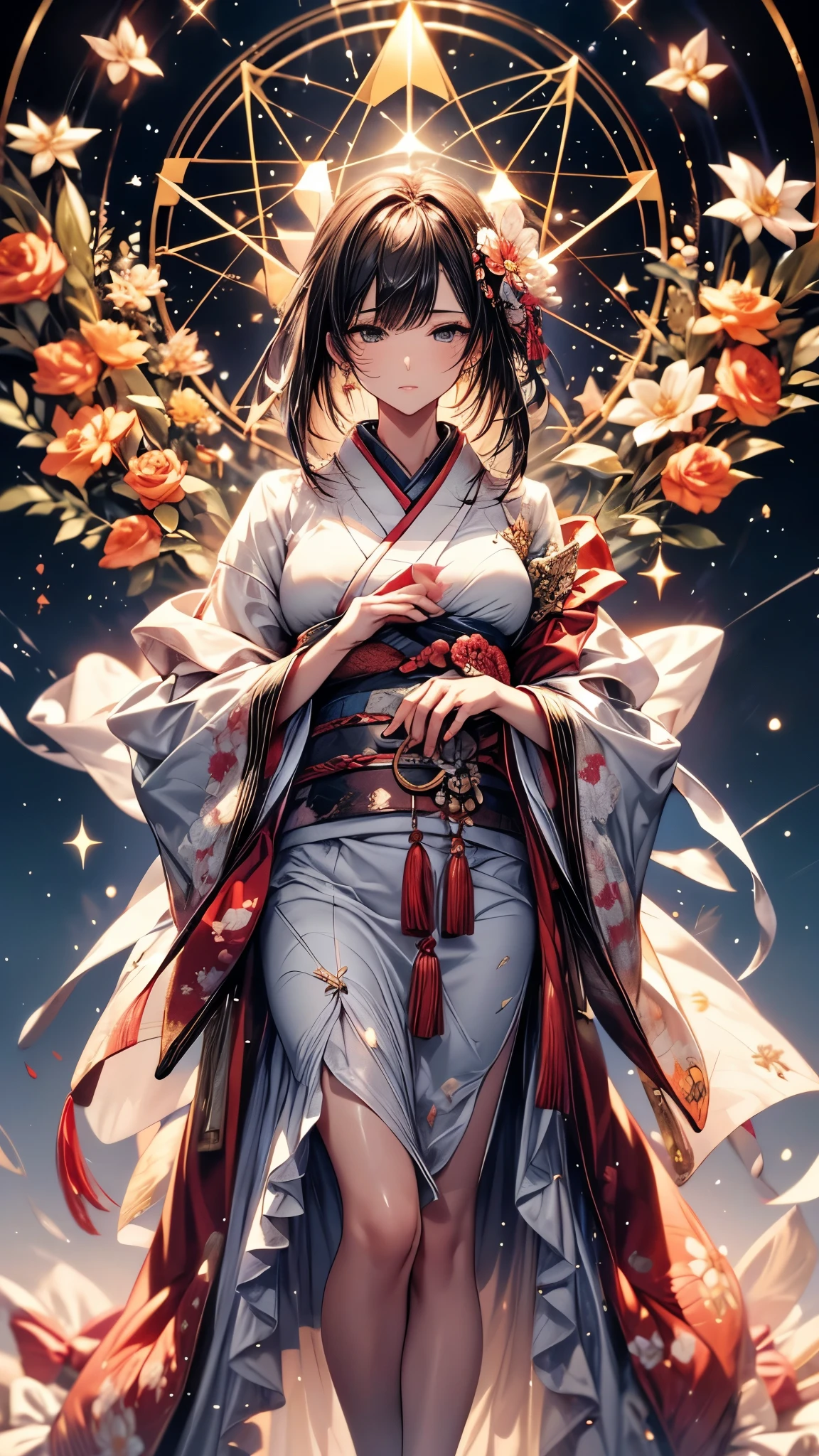 Ultra-delicate, Clear focus, (high resolution), Deformed depth of field blurred background, Detailed background, Perfect layer cutting, Atmospheric distance sense, artistic, (full-body shot/Cowboy shooting/Top view/Top view), 8K, wallpaper, Micro light, complicated, familiar, black magician, particle, constellation, Stardust, universe, ((flower)), comfortable peace, peaceful, Japan, Himiko, kimono, With crystal, Fortune Telling, time and space,
