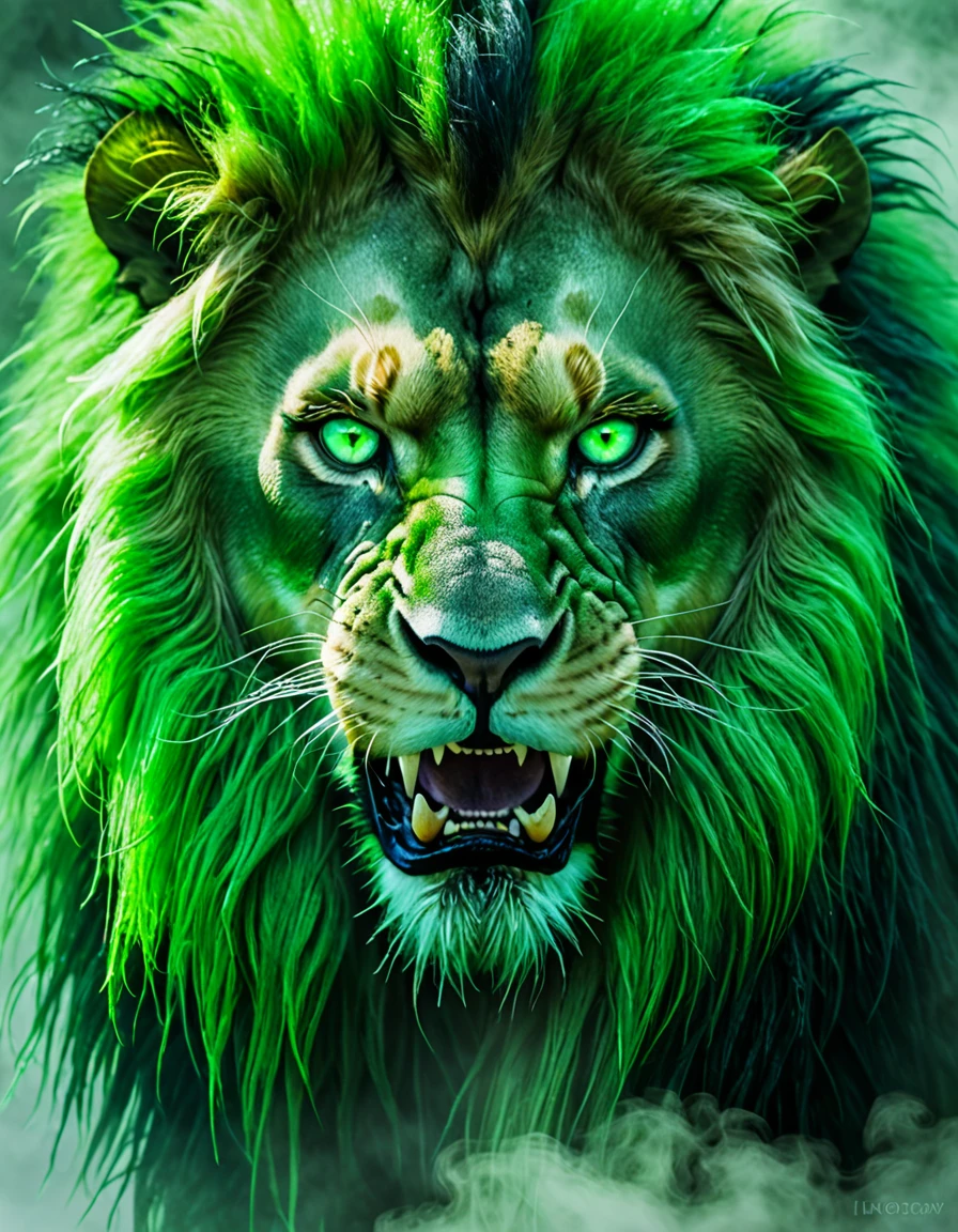 Focus on a portrait of a Lionman's face in the mist, emphasizing his eerie and frightening features. His eyes are glowing green, his face is a mix of human and lion with sharp teeth, and his expression is menacing, aiming to instill fear.