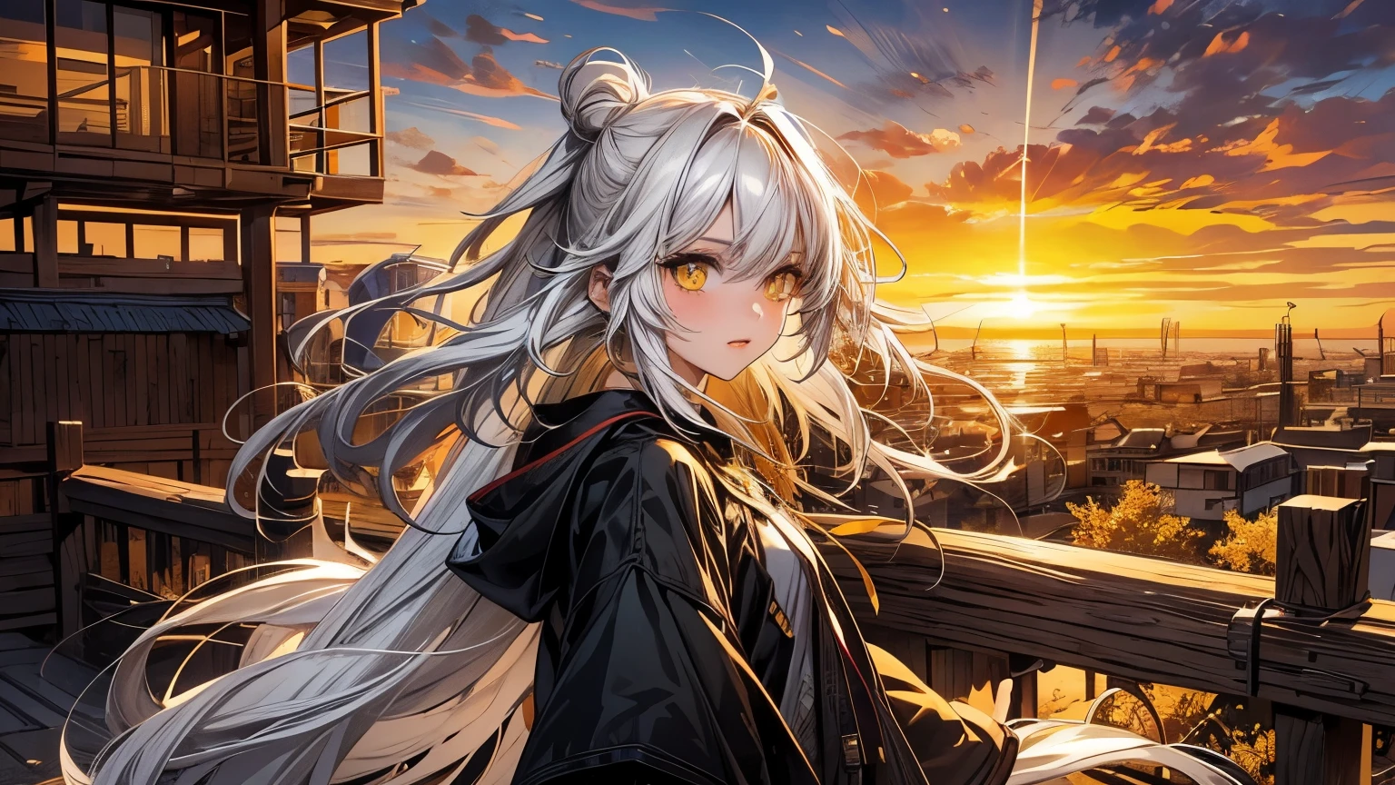 1girl, solo, colorful, yellow eyes, long messy white hair, sun setting in the background, early morning sunrise, sunset in the background, sun in the background, the sun is setting, taken at golden hour, morning sunrise, the sun up on the sky is strong, sunset view, sun at dawn, with the sun shining on it, sunset in background