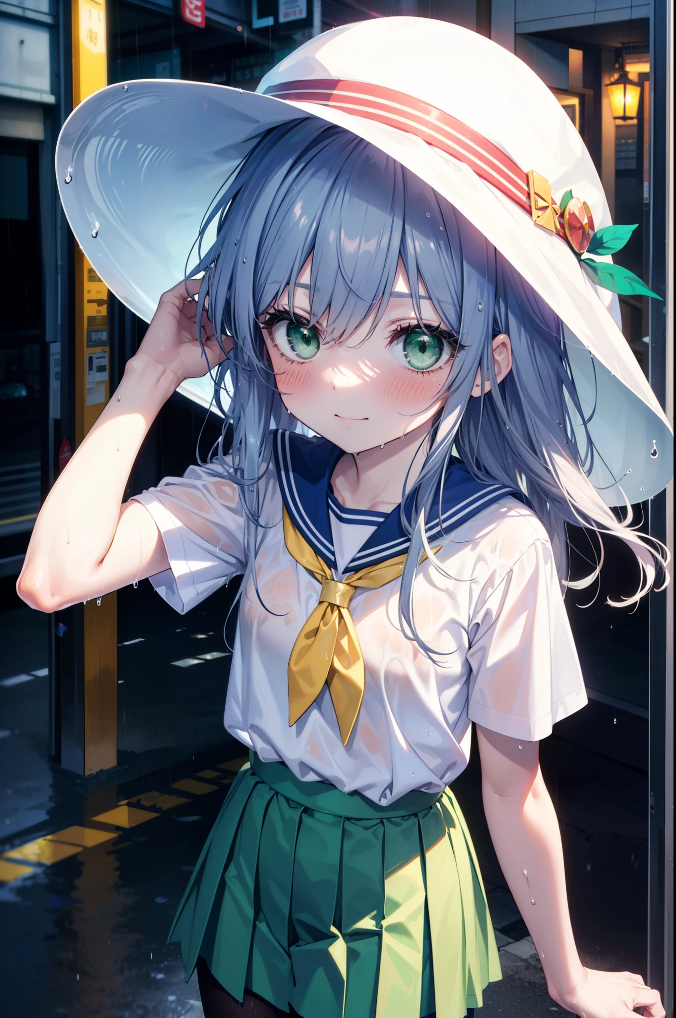 index, index, (Green Eyes:1.5), Silver Hair, Long Hair, (Flat Chest:1.2),smile,blush,Embarrassing,Wet Hair,Wet Skin,Wet clothes,Upper Eyes, uniform(Blue sailor suit),Short sleeve,Yellow pleated skirt,Black pantyhose,Brown Loafers,rain,cloudy,屋根がある建物でrainから隠れる,rain宿り,Puddle,evening,cloudy空,
break looking at viewer, Upper Body, whole body,(Cowboy Shot:1. 5)
break otdoors,In town,Building district,
break (masterpiece:1.2), highest quality, High resolution, unity 8k wallpaper, (figure:0.8), (Beautiful fine details:1.6), Highly detailed face, Perfect lighting, Highly detailed CG, (Perfect hands, Perfect Anatomy),