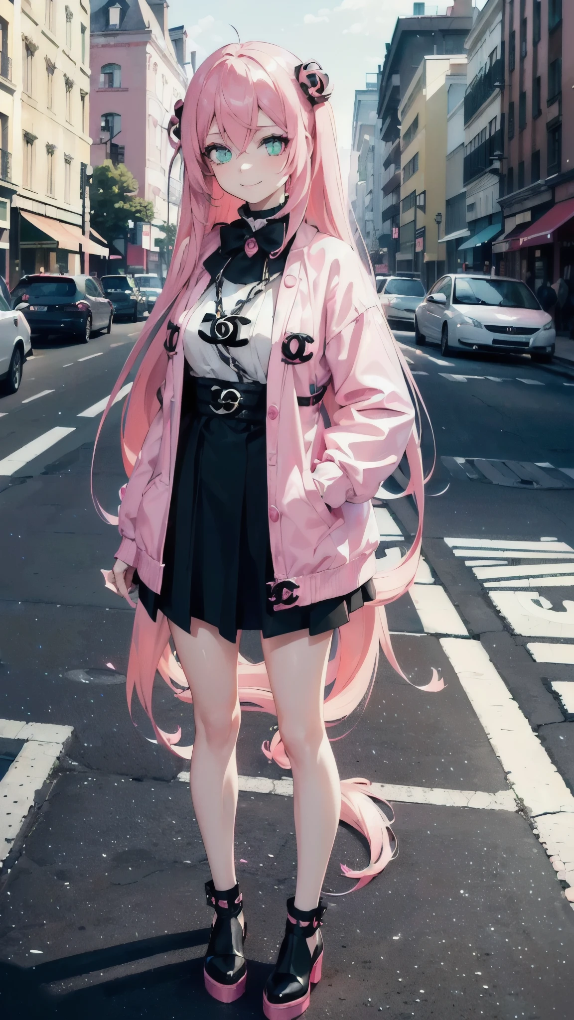 (street snap, Wearing CHANEL and looking happy. )(((masutepiece))) fullllbody(1 girl)((Pink hair, Long hair,Straight hair,two side up)) (Green eyes),eyeshadows, eye line,gloweyes, ultradetailed eyes, intricate eyes, Beautiful eyes, ((Glowing pink pupils))a 18 year old girl, 