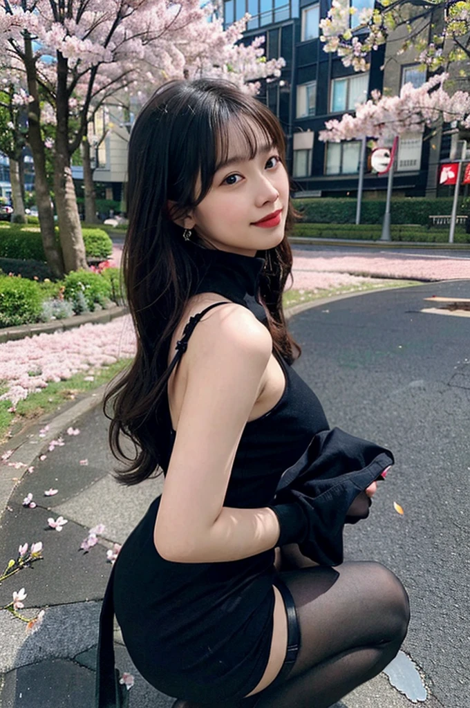 Armpit Hair、Show both sides、High heels(Black)、pantyhose(Black)、garter belt(Black)、Big Breasts、Long Hair(Black、straight)、Squat、Leg spread、Married Woman、first round、Voluptuous、Puddle、Outdoor、garden、Cherry Blossom Viewing、cherry blossoms