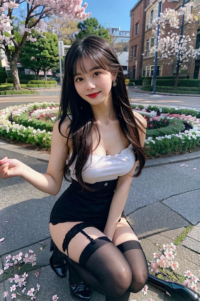 Armpit Hair、Show both sides、High heels（Black）、pantyhose（Black）、garter belt（Black）、Big Breasts、Long Hair（Black、straight）、Squat、Leg spread、Married Woman、first round、Voluptuous、Puddle、Outdoor、garden、Cherry Blossom Viewing、cherry blossoms