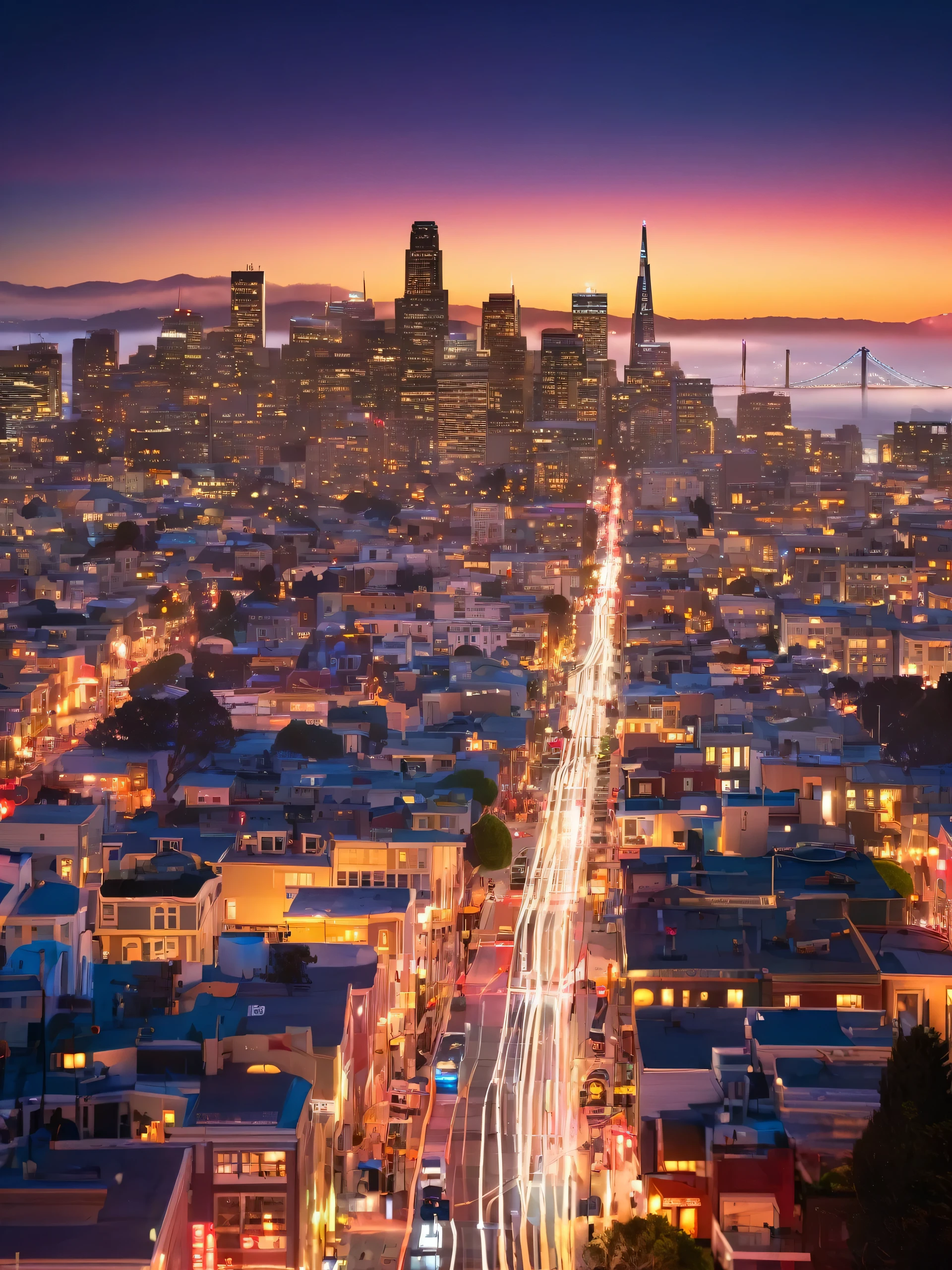 arafed view of a city at night with a long street, a tilt shift photo by Matt Stewart, shutterstock, renaissance, san francisco, photograph of san francisco, city sunset night, busy cityscape, twilight in the city, beautiful cityscape, beautiful city, city sunset mist neon lights, vista of a city at sunset, high quality desktop wallpaper, city twilight landscape