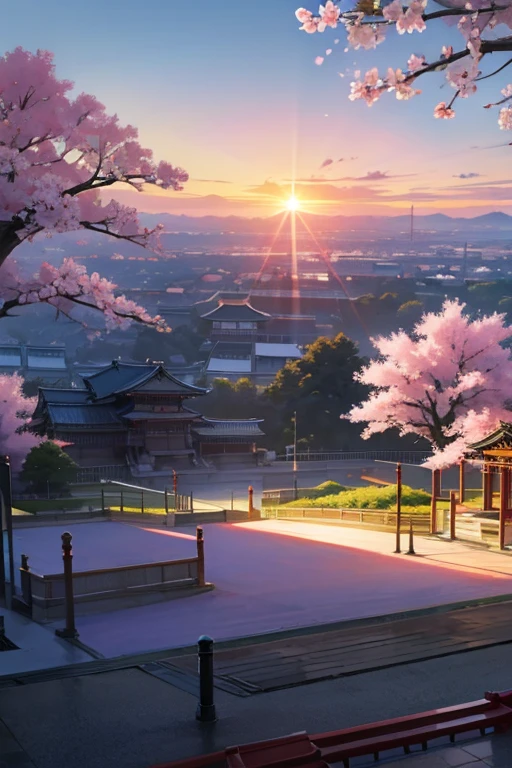 landscape, sakura, japan, sun, sunset, palace, playground