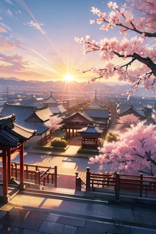 landscape, sakura, japan, sun, sunset, palace, playground