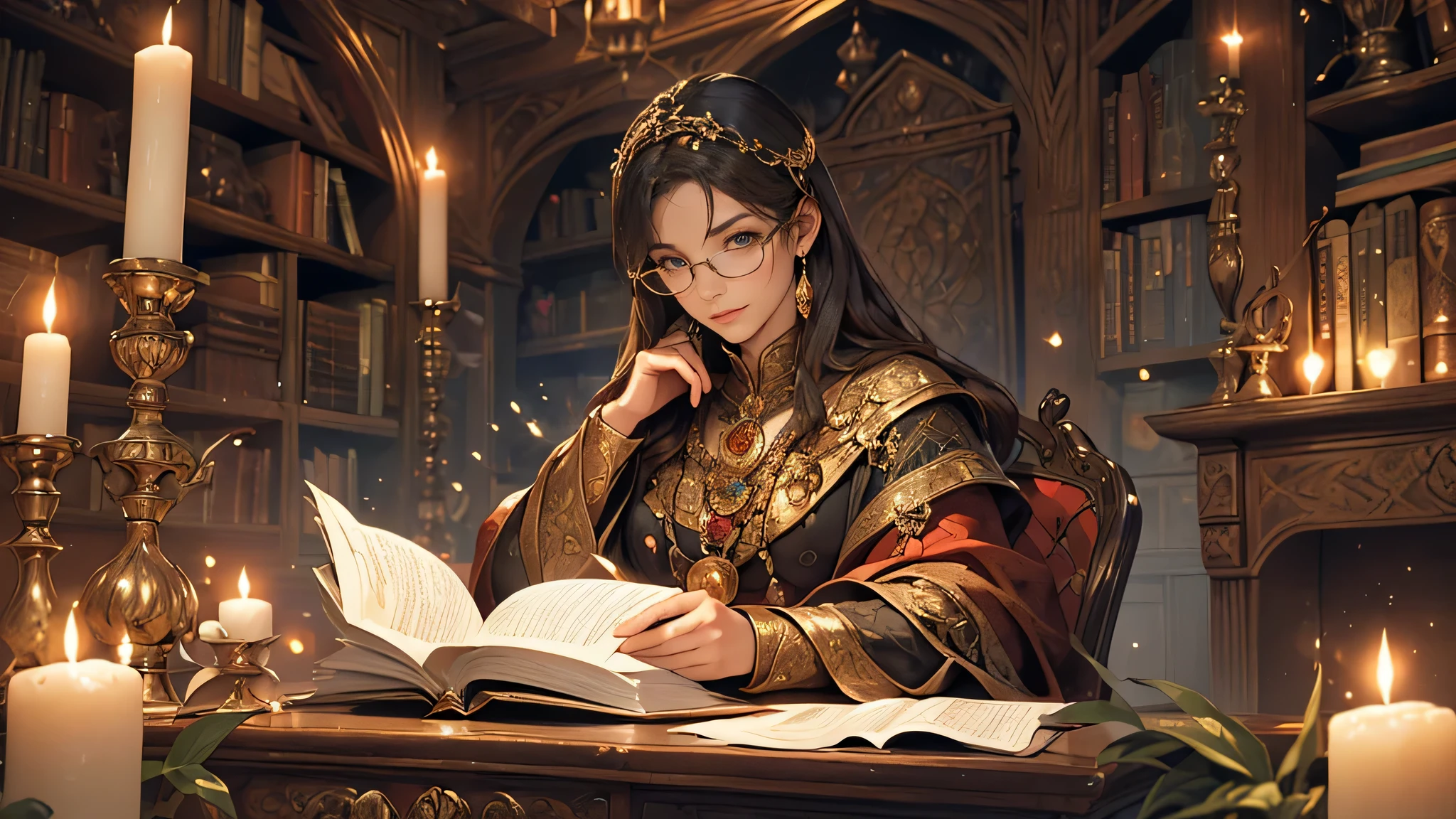 (high quality,ultra-detailed,realistic,photorealistic:1.37),dark-haired woman,beautiful detailed eyes,reading,ancient file,library,black and white curtains,Medieval fantasy theme,soft lighting,leather-bound books,mysterious atmosphere,charmingly lit candles,antique wooden bookshelves,parchment paper,brown manuscript ink,aged quill pen,mystical ambiance,dimly lit chandeliers,vintage reading glasses,magical artifacts,enchanted tome,whispered secrets,dust particles floating in the air,authentic antique furniture,vibrant stained glass windows,exquisite ironwork,elaborate tapestries of knights and dragons,ornate ceiling frescoes,golden candle holders,fragrant incense,labyrinth-like book aisles,sacred symbols and sigils,glimmering candlelight,enchanted spellbooks,echoes of ancient knowledge,captivating story unfolding,powerful mystic aura,ethereal tranquility,magical whispers of forgotten spells,secretive corners of wisdom,enchanted journey through time and imagination
