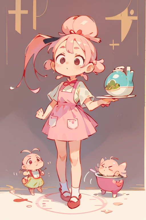 Kindergarten girl, cute, Guangdong morning tea, shrimp dumplings, shrimp, wearing apron, light pink hair, standing posture, IP, blind box, haughty expression, proportional three headed body, Q version