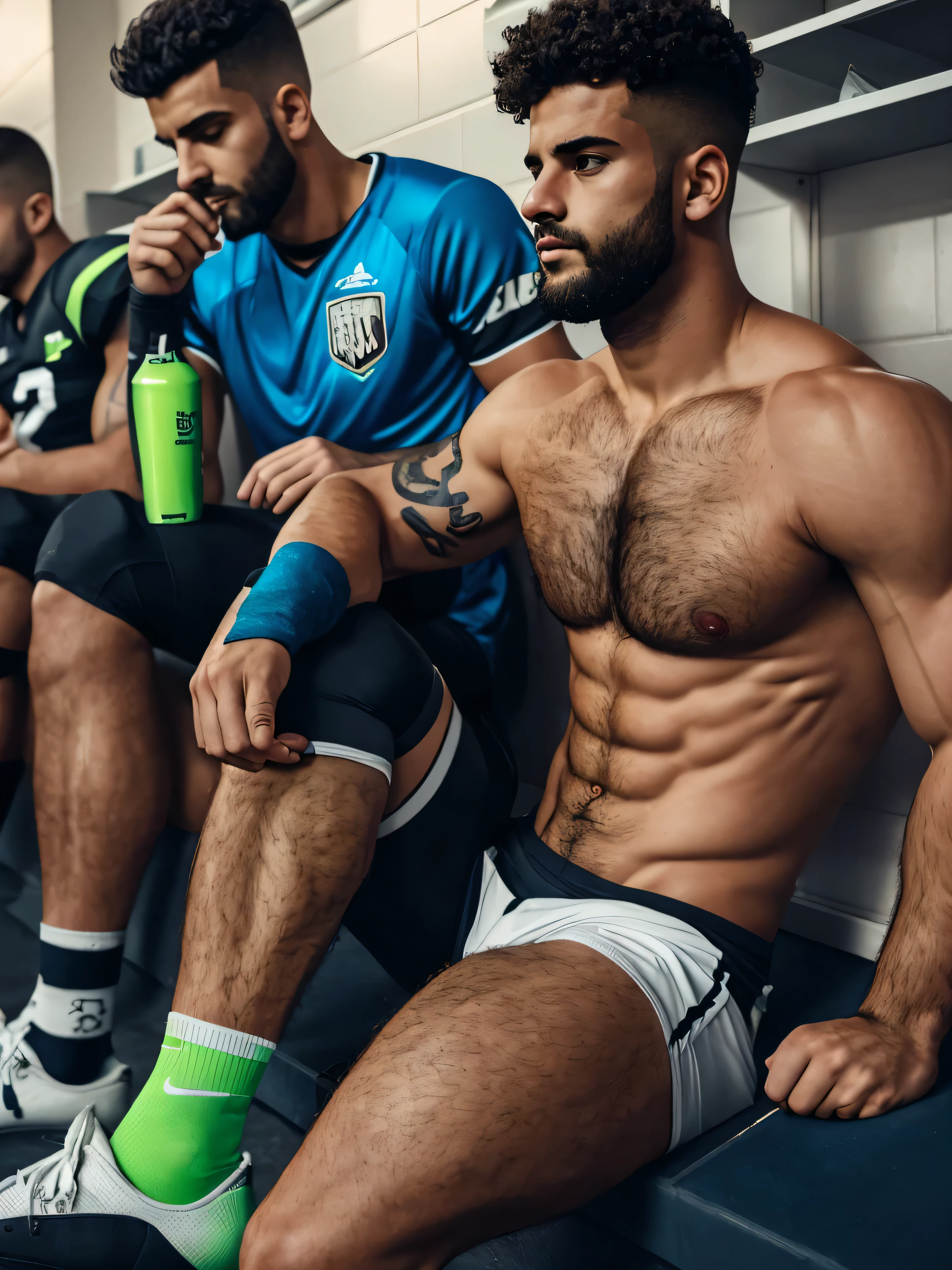 Arab football player,There are a few but not strong,Shirtless,smoking,Excessive leg hair。Wearing fluorescent green football socks,Excessive chest haierce 1,Condescending,Cool and handsome,Abdominal hair growth,Feet smell bad,The heat is coming out of the socks,Multi-person photo,Around 18 years old,Buzz cut,Dark chest hair,Dark hair on abdomen,Dark leg hair,and dense and very dense,Highly aggressive,Serious expression,Tattoo on chest,Very dense hair,Buzz cut,There is a lot of smoke and fog,Standing,To show the legs and socks,There are blue veins in the ventral groove,Wearing football shoes,Smoke in mouth,There is a football under my feet,Dense hair in the groin,The legs are also densely haired,Very serious expression,Very fierce,The hair is very black,Waiting in the locker room,Well-developed calf muscles,Black bulge,Super HD,Every hair can be seen,Stretch your legs in front of the screen,Chatting with teammates in the locker room,Tell dirty jokes,The expression is lewd,Drinking beer,There are cigarette butts and empty beer cans on the ground,And they are still drinking,Rest in bed,Rest in bed