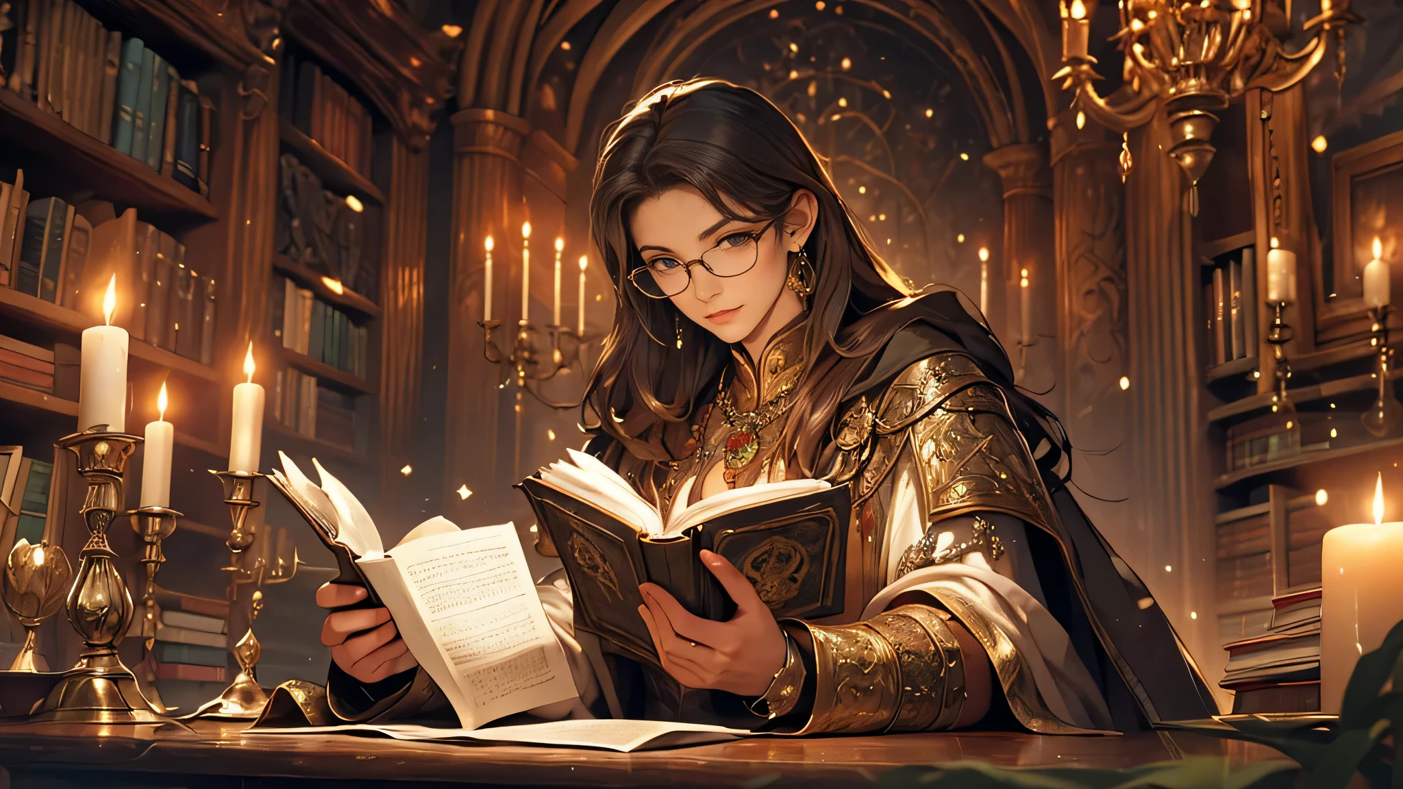 (high quality,ultra-detailed,realistic,photorealistic:1.37),dark-haired woman,beautiful detailed eyes,reading,ancient file,library,black and white curtains,Medieval fantasy theme,soft lighting,leather-bound books,mysterious atmosphere,charmingly lit candles,antique wooden bookshelves,parchment paper,brown manuscript ink,aged quill pen,mystical ambiance,dimly lit chandeliers,vintage reading glasses,magical artifacts,enchanted tome,whispered secrets,dust particles floating in the air,authentic antique furniture,vibrant stained glass windows,exquisite ironwork,elaborate tapestries of knights and dragons,ornate ceiling frescoes,golden candle holders,fragrant incense,labyrinth-like book aisles,sacred symbols and sigils,glimmering candlelight,enchanted spellbooks,echoes of ancient knowledge,captivating story unfolding,powerful mystic aura,ethereal tranquility,magical whispers of forgotten spells,secretive corners of wisdom,enchanted journey through time and imagination
