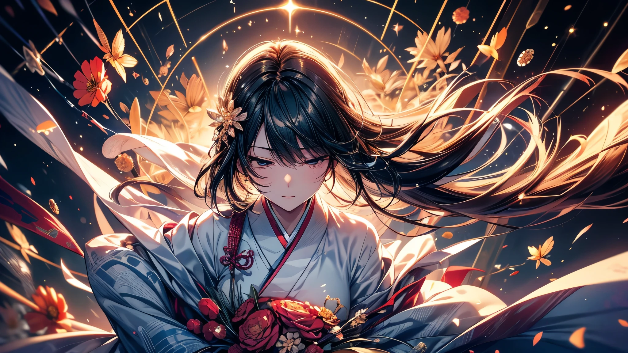 Ultra-delicate, Clear focus, (high resolution), Deformed depth of field blurred background, Detailed background, Perfect layer cutting, Atmospheric distance sense, artistic, (full-body shot/Cowboy shooting/Top view/Top view), 8K, wallpaper, Micro light, complicated, familiar, black magician, particle, constellation, Stardust, universe, ((flower)), comfortable peace, peaceful, Japan, Himiko, kimono, With crystal, Fortune Telling, time and space,