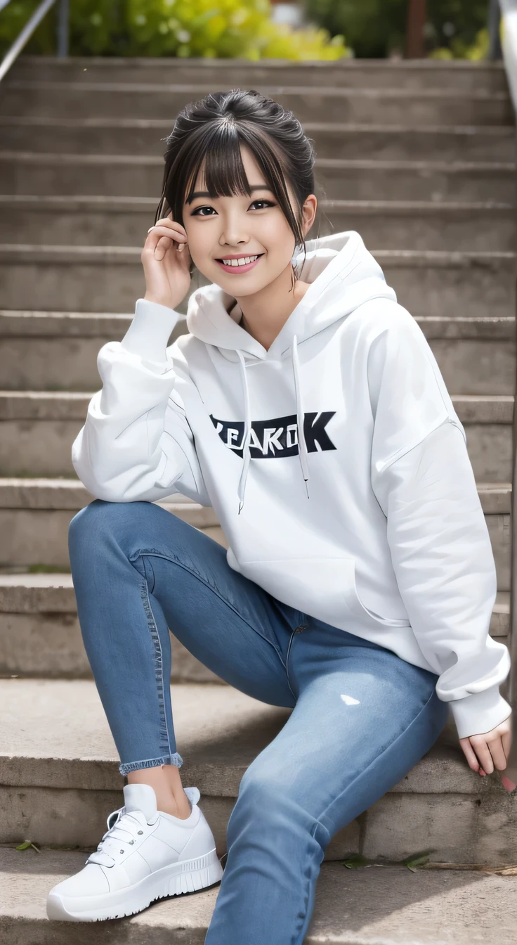 highest quality, Realistic, Very detailed, Finer details, High resolution, 8k wallpaper, One beautiful woman,Sit on the stairs、（Wear black socks）smile、（Beautiful teeth alignment、）（Gums are visible） Oversized hoodie, Skinny jeans, White sneakers、Black Hair、 Beautiful Bangs、ear piercing、、short hair、Perfect dynamic composition, Beautiful and detailed, Full Body Shot, A big smile
