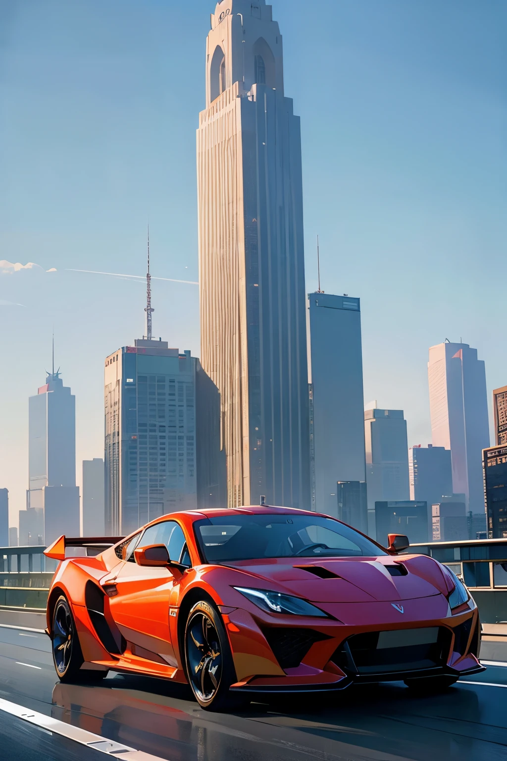 Super bright and modern metallic-vermillion racing car is running on the expressway,
City of high transportation technology complex, skyscrapers , and towers,
Good green environmental atmosphere,
Morning sunlight with blue sky and white cloud