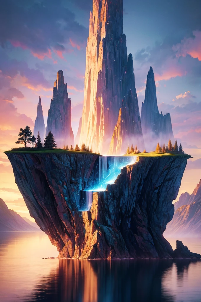 Photographs that capture the essence of a magical dream world. An epic cliff,Hanging over a beautiful lake, Surreal and vivid colors illuminate its reflection. The atmosphere is otherworldly, The soft night light casts a flowing shadow. The image creates a sense of depth and mystery, It's as if the audience is taken into another dimension., Create beautiful and memorable work. Shot with Canon EosIII Zeiss 120mm wide angle lens