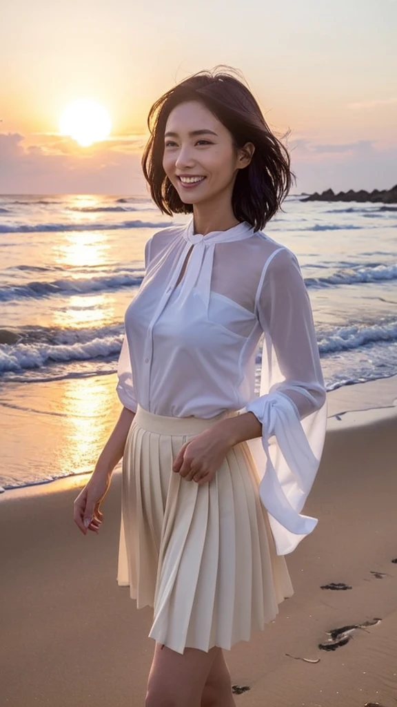 ((Top Quality)), ((8K)), ((Masterpiece: 1.3)), (Perfect Appearance), (Photorealism: 1.6), (Japanese woman walking on the beach with the sunset in the background: 1.4), (sandy beach at sunset), (The sea dyed red by the sunset), (The setting sun is dazzling), (Backlit), (Mont Saint Michel can be seen in the background: 1.2), japanese woman, (48 years old), ((Standing upright, facing forward, center of screen)), ((Realistic skin texture)), (Fine wrinkles throughout the skin: 1.3), (Dull skin: 1.1), (Skin without moisture: 1.2) , (Wrinkles on the face: 0.9), (Wrinkles on the corners of the eyes: 1.2), Double eyelids, tear bags on the lower eyelids, (Crying moles: 0.9), The eyes are looking here, serious gaze, (Dimples: 1.2), smile with the corners of the mouth raised wide, straight medium length, hair fluttering in the wind, soft fabric blouse, (transparent blouse: 1.3), (Plump and glamorous body), (wide sleeves), (Cuffs that fit your wrist), (The hem of the blouse is tucked into the skirt: 1.2), (pleated long skirt: 1.2), (Bare feet wet with seawater), (whole body: 1.3),
