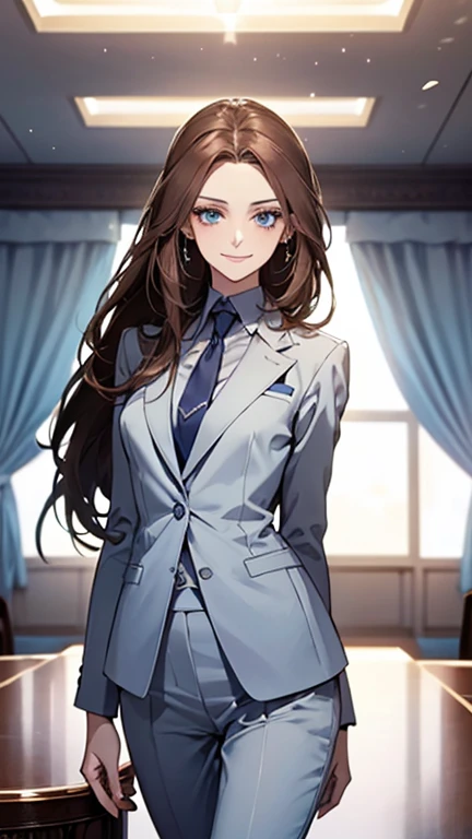 (highest quality,High resolution,Very detailed),1 girl, Beautiful and elegant light blue eyes, Brown Hair, Cold Smile,Straight long hair tied back, Wearing a suit,secretary, Mature Woman, Age 25,Cruel smile, Calm and Calm, Slim figure,Small breasts, Pale complexion, thin, Calm, In the conference room.
