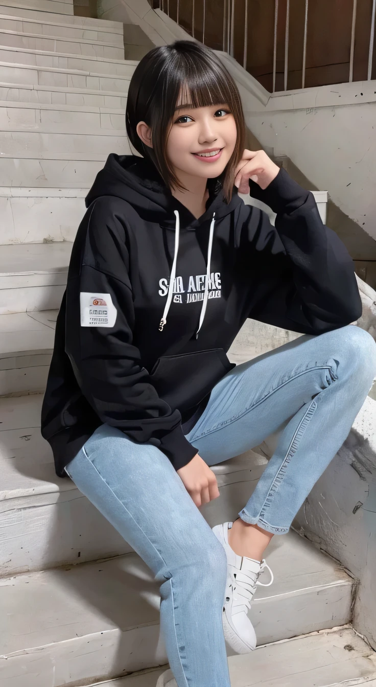 highest quality, Realistic, Very detailed, Finer details, High resolution, 8k wallpaper, One beautiful woman,Sit on the stairs、（Wear black socks）smile、（Beautiful teeth alignment、）（Gums are visible） Oversized hoodie, Skinny jeans, White sneakers、Black Hair、 Beautiful Bangs、ear piercing、、short hair、Perfect dynamic composition, Beautiful and detailed, Full Body Shot, A big smile
