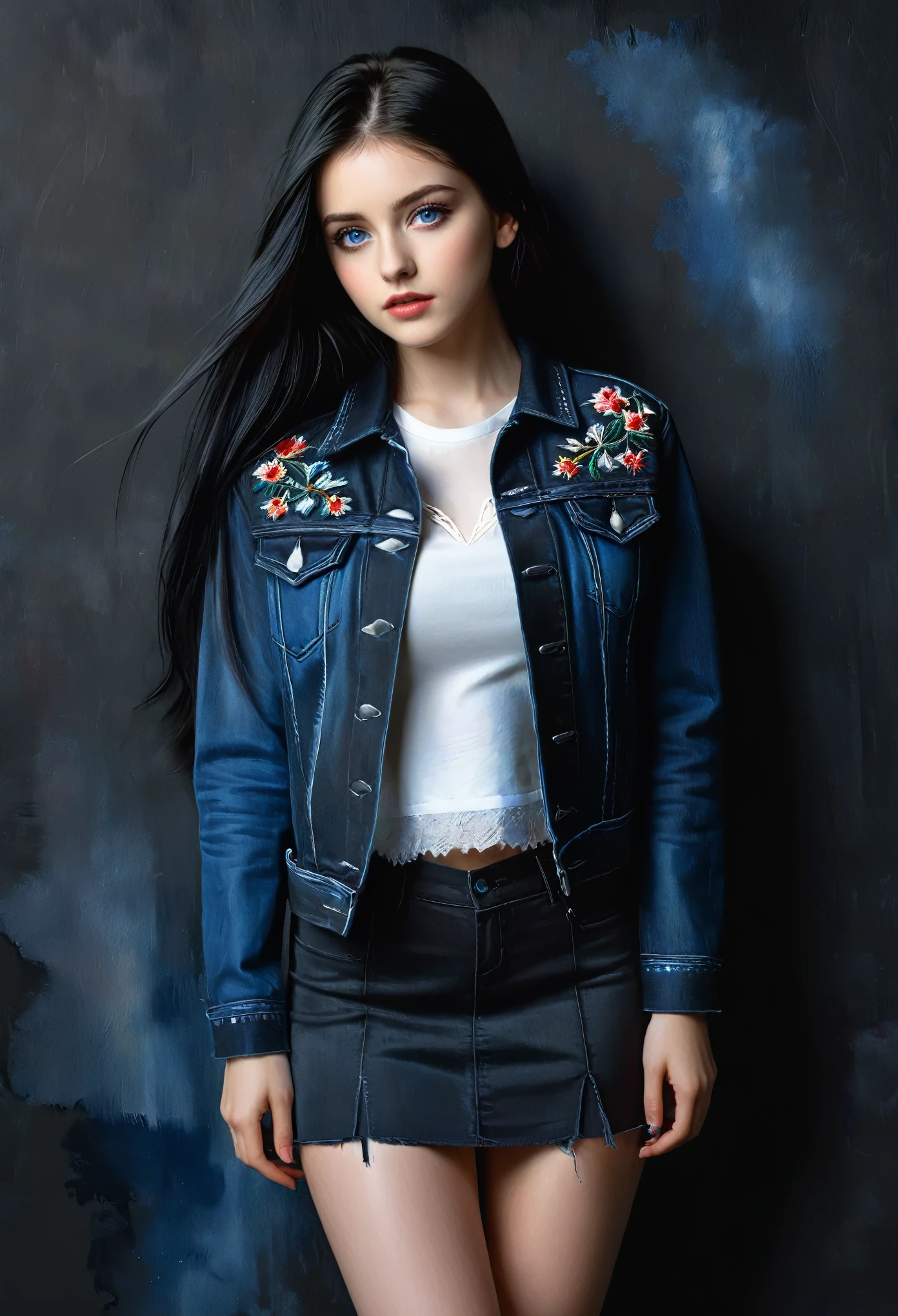 Beautiful girl dressed in short skirt and embroidered black denim jacket, long black hair and blue eyes, pale skin, realistic, cute, detailed painting, sharp, dramatic lighting, full background,   watercolor, black background,
Style by Gabriele Dell'otto, AI Midjourney, bright saturated colors, watercolor, oil paints,   HDR, 500px, 4k,