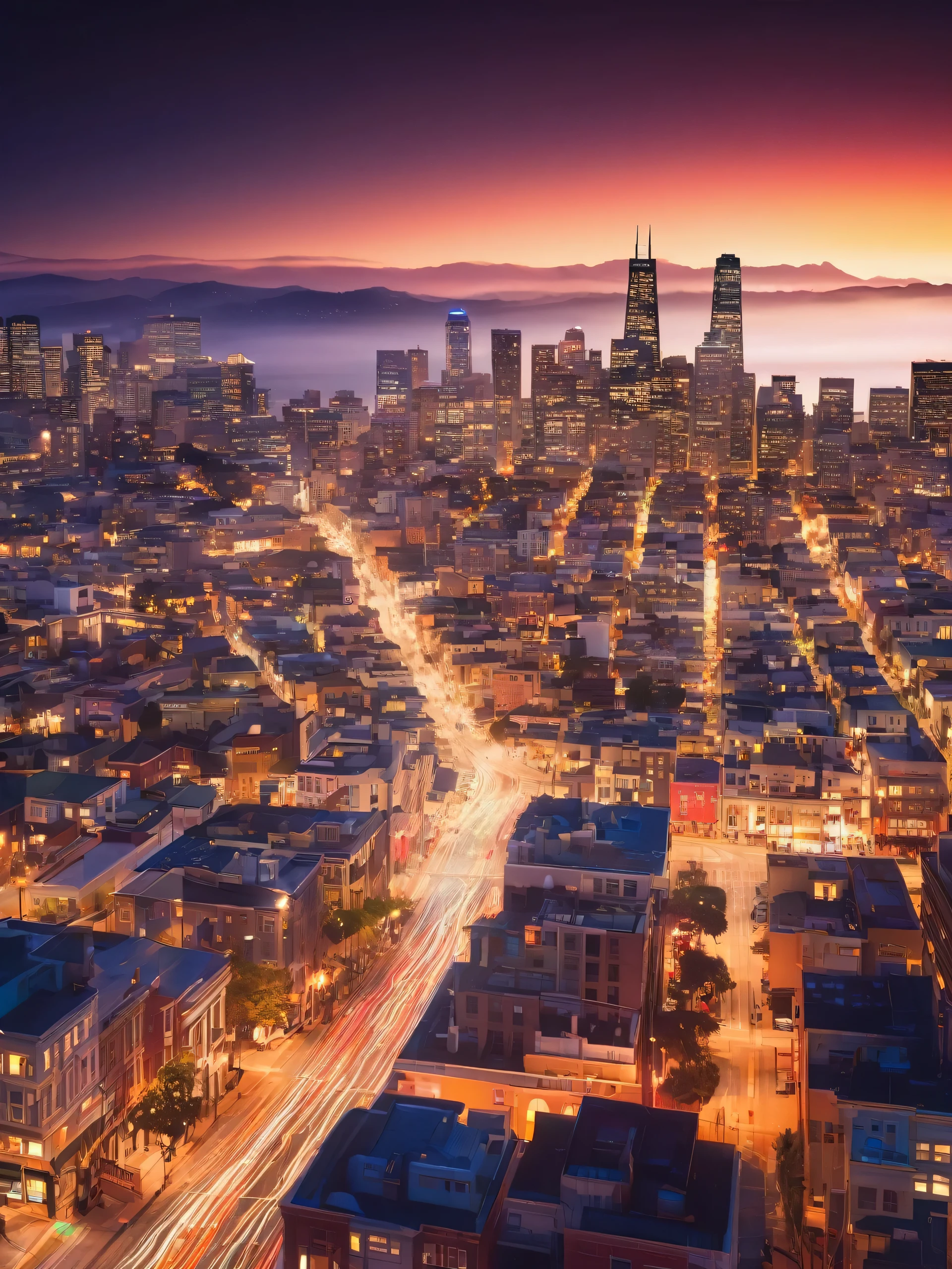 arafed view of a city at night with a long street, a tilt shift photo by Matt Stewart, shutterstock, renaissance, san francisco, photograph of san francisco, city sunset night, busy cityscape, twilight in the city, beautiful cityscape, beautiful city, city sunset mist neon lights, vista of a city at sunset, high quality desktop wallpaper, city twilight landscape